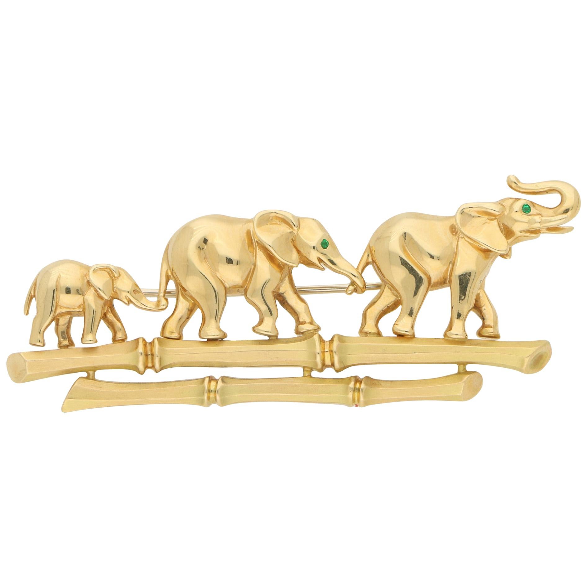 Cartier Emerald Walking Elephant Family Brooch Set in 18 Karat Yellow Gold