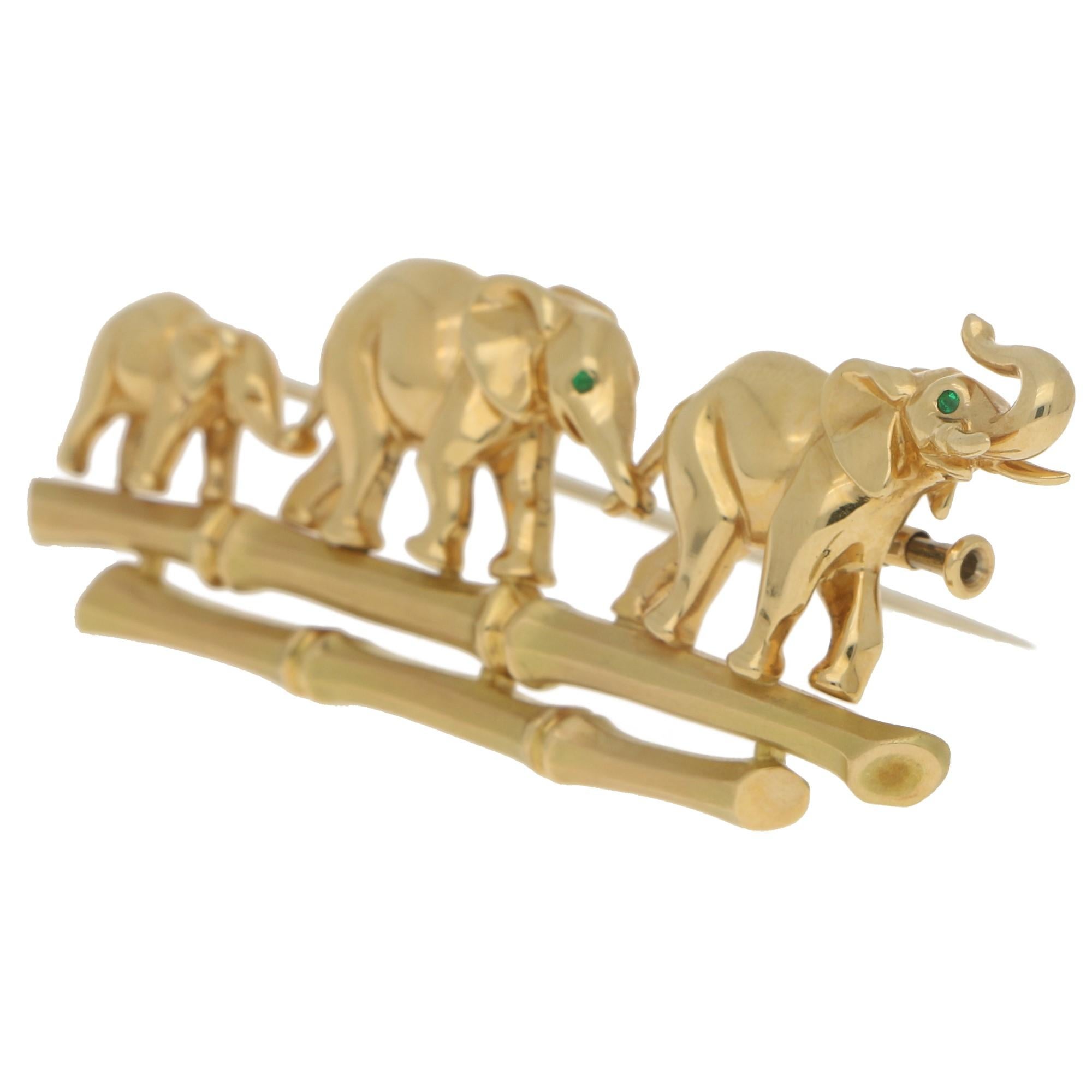 Round Cut Cartier Emerald Walking Elephant Family Brooch Set in 18 Karat Yellow Gold