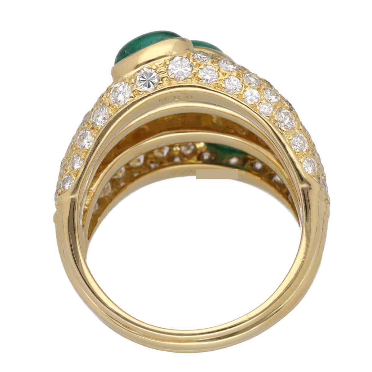 Oval Cut Cartier Emeralds Diamonds Mimi 18K Yellow Gold Ring US 8 1/4 For Sale