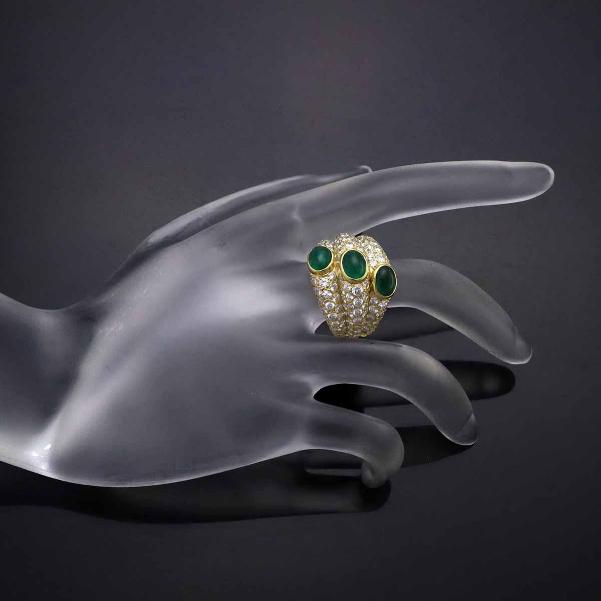Cartier Emeralds Diamonds Mimi 18K Yellow Gold Ring US 8 1/4 For Sale 3