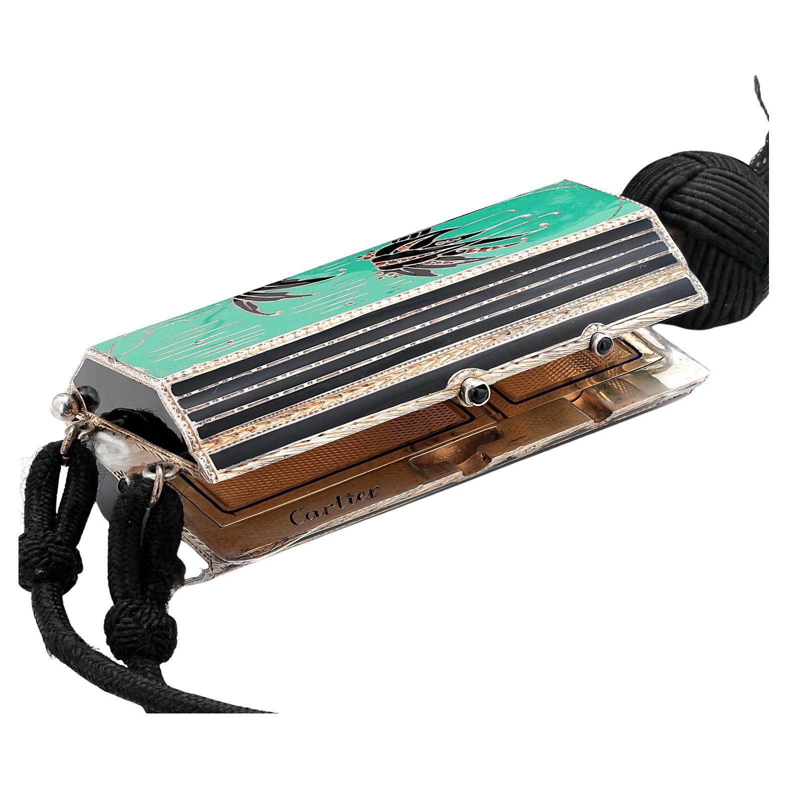 Cartier Emaille Art Deco Scharnier Seltenes Gehäuse Saphir Verschluss Messing 3.3  Zoll im Zustand „Gut“ in New York, NY