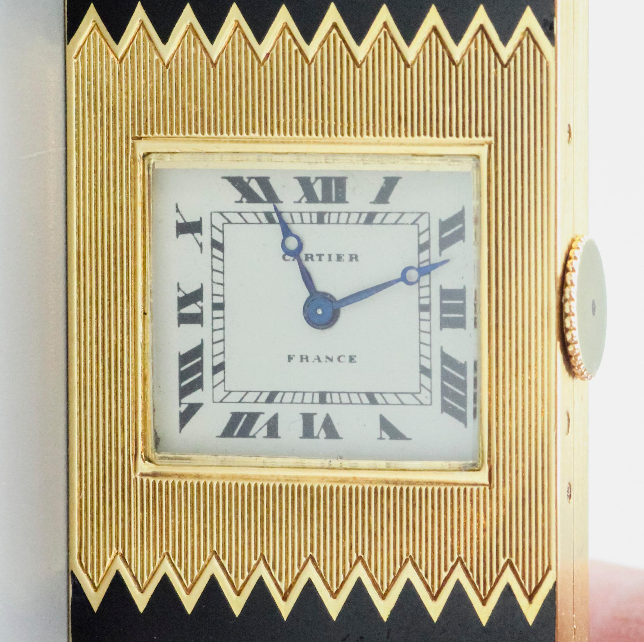 Cartier Enamel Sapphire 18k Gold Traveling Shutter Mechanical Watch Clock For Sale 6