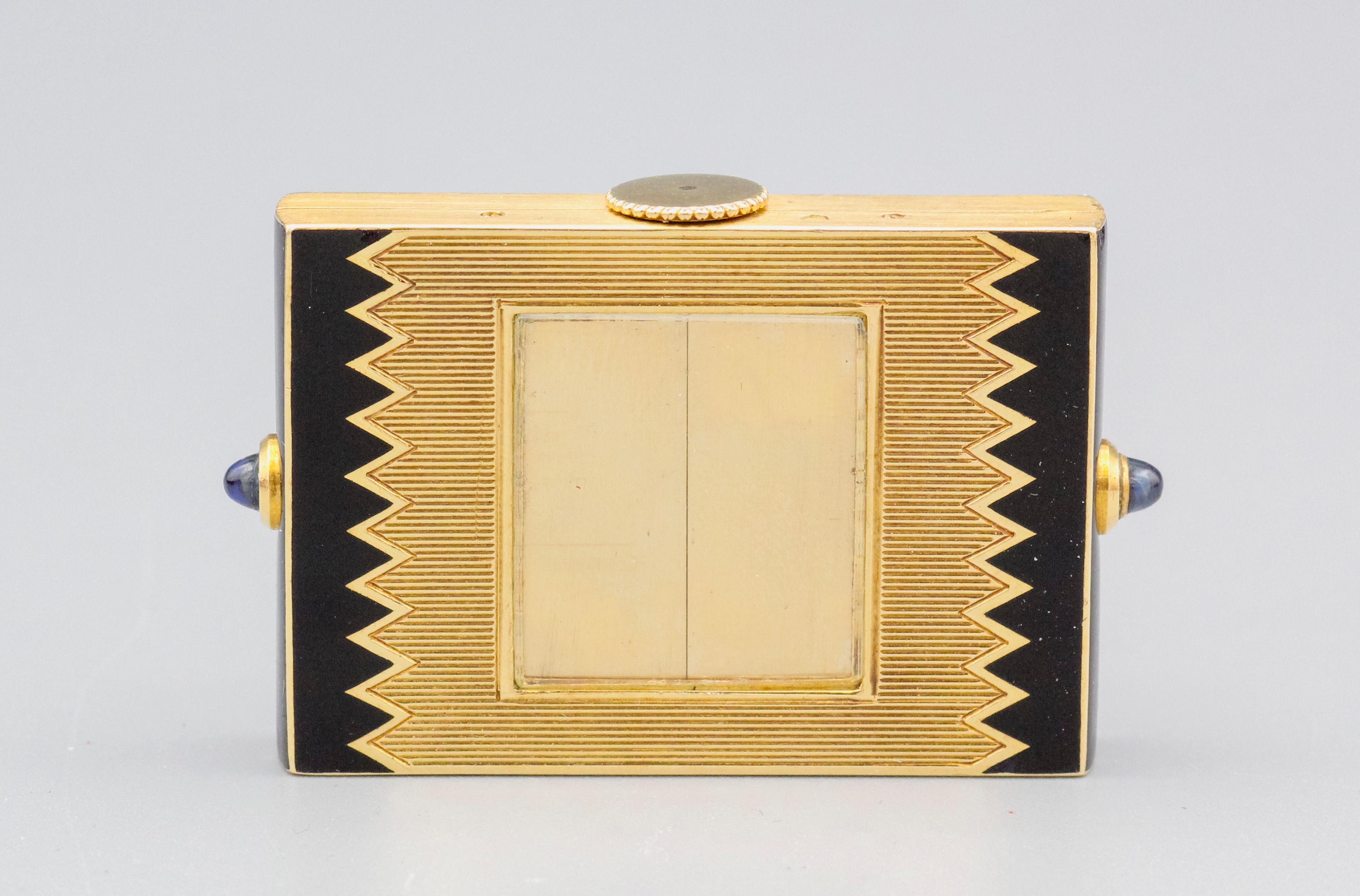 Women's or Men's Cartier Enamel Sapphire 18k Gold Traveling Shutter Mechanical Watch Clock For Sale