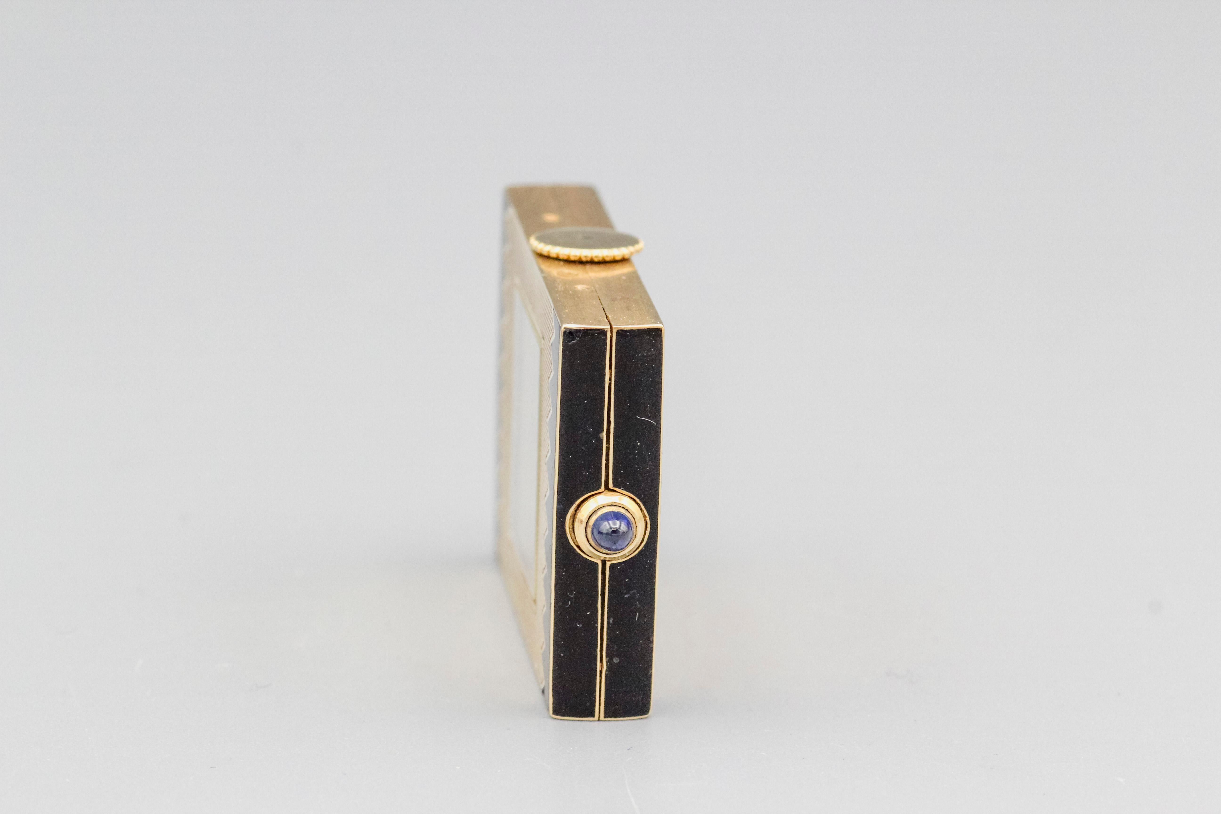 Cartier Enamel Sapphire 18k Gold Traveling Shutter Mechanical Watch Clock For Sale 2