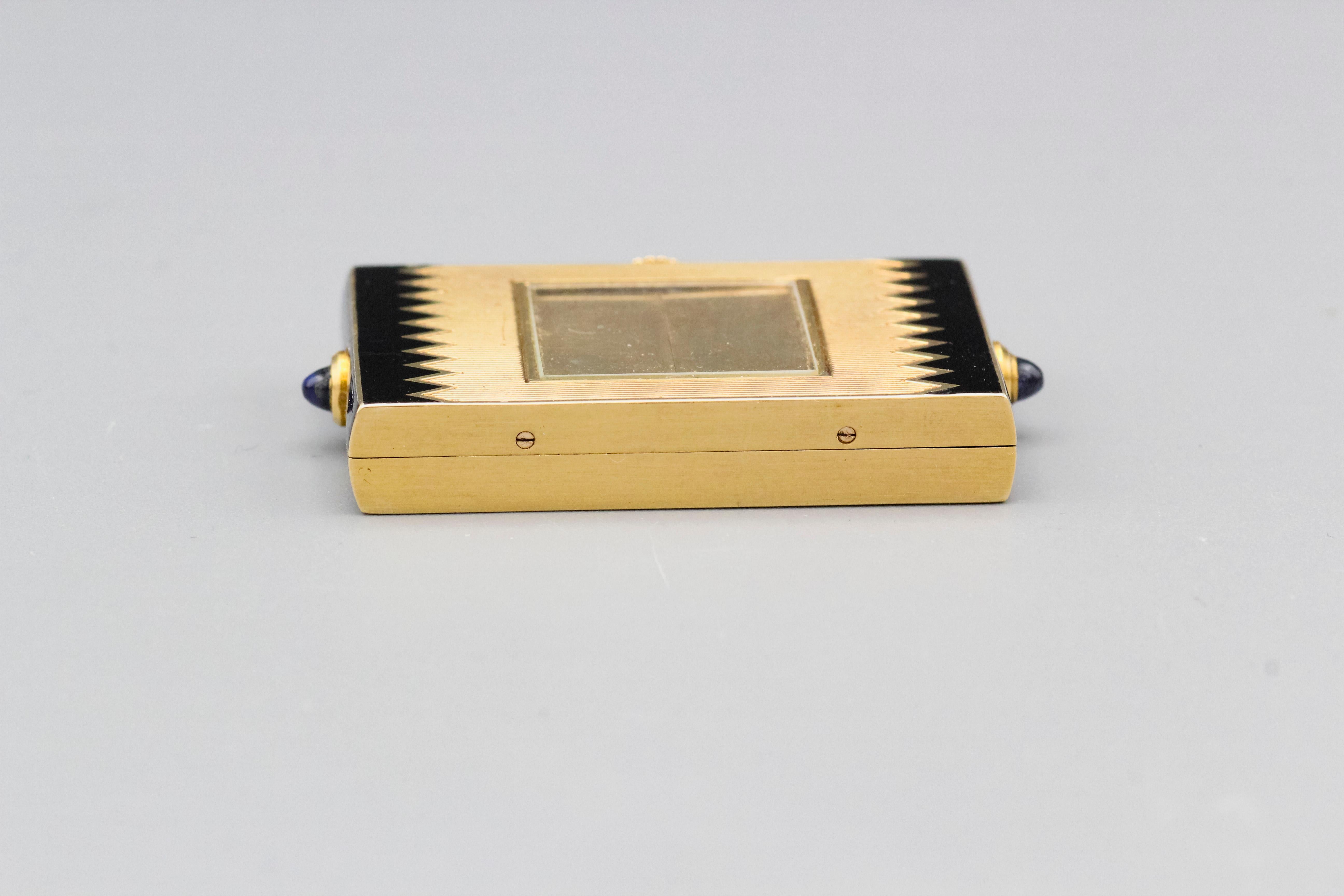 Cartier Enamel Sapphire 18k Gold Traveling Shutter Mechanical Watch Clock For Sale 4