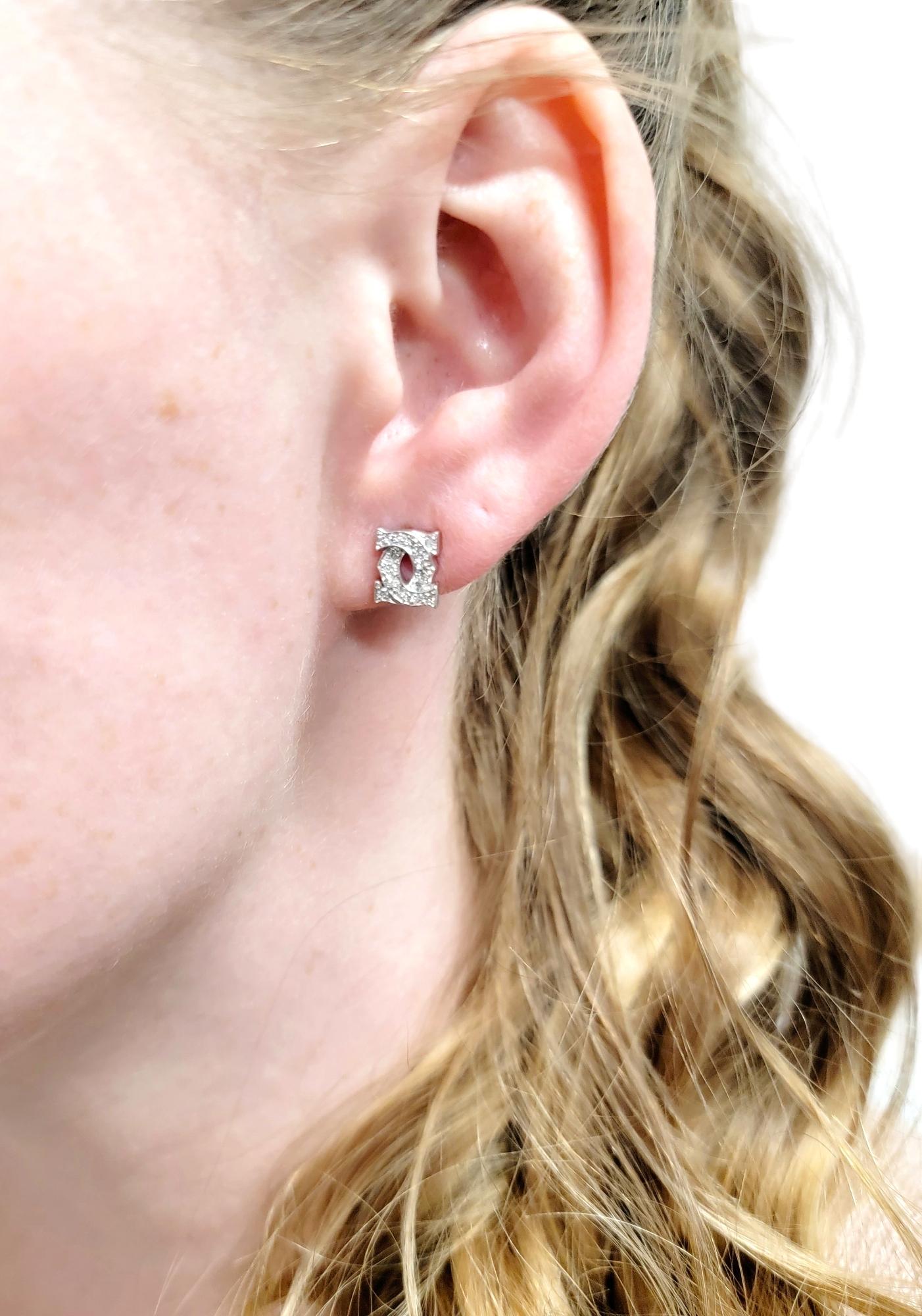 Cartier Entrelaces C's Diamond Stud Pierced Earrings in 18 Karat White Gold For Sale 5