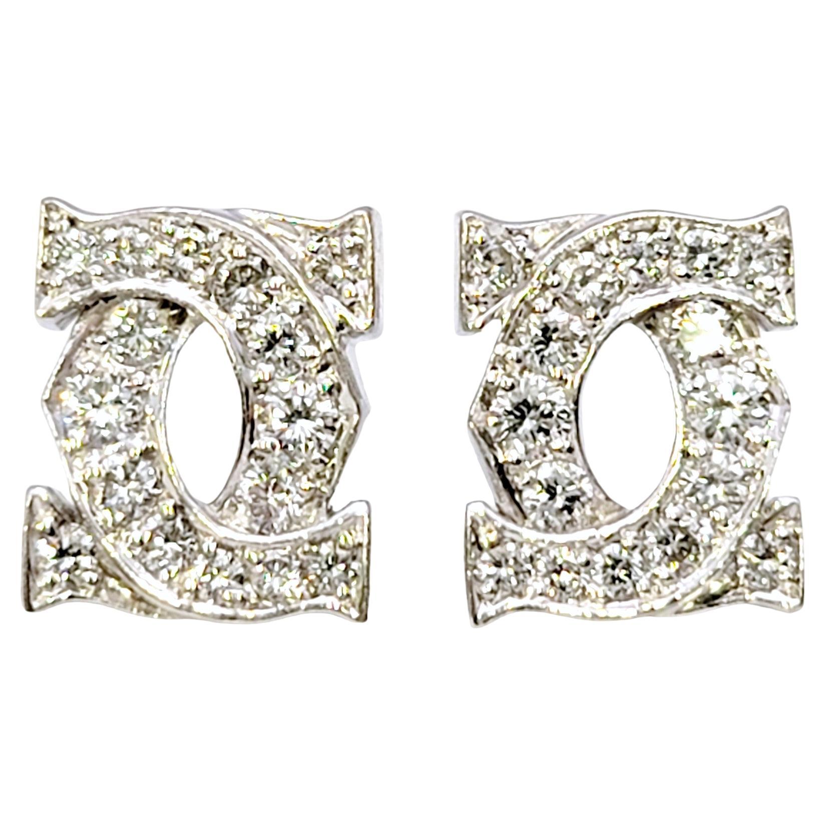 Cartier Entrelaces C's Diamond Stud Pierced Earrings in 18 Karat White Gold For Sale