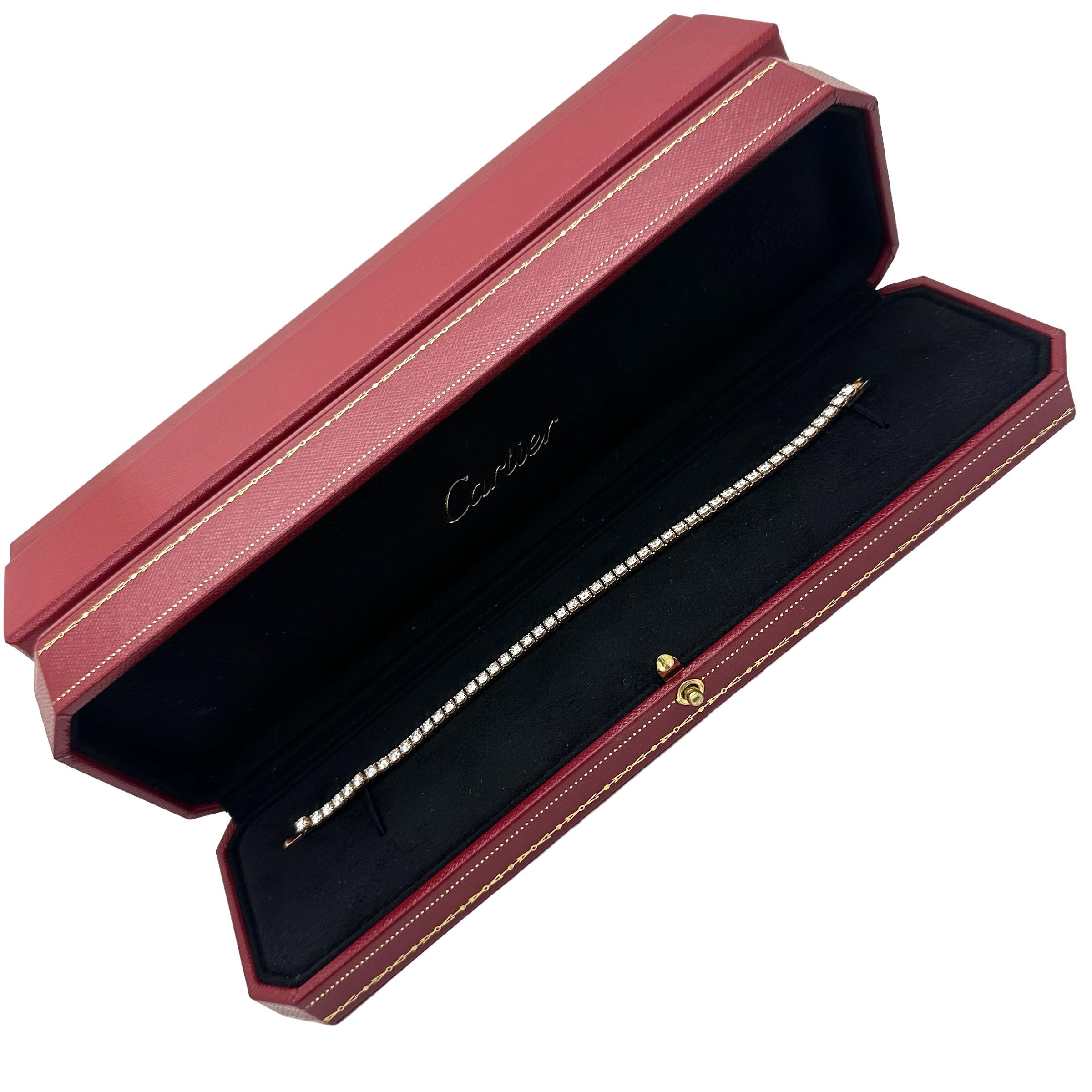 Cartier Essential Lines Diamond Tennis Bracelet
Style:  Tennis Bracelet
Ref. number:  CRN6708016
Metal:  18kt White Gold
Size:  6.75' Inches / 16.75 cm 
Measurements:  3.40 mm width
TCW:  4.41 tcw
Main Diamond:  49 Round Brilliant Diamonds
Hallmark: