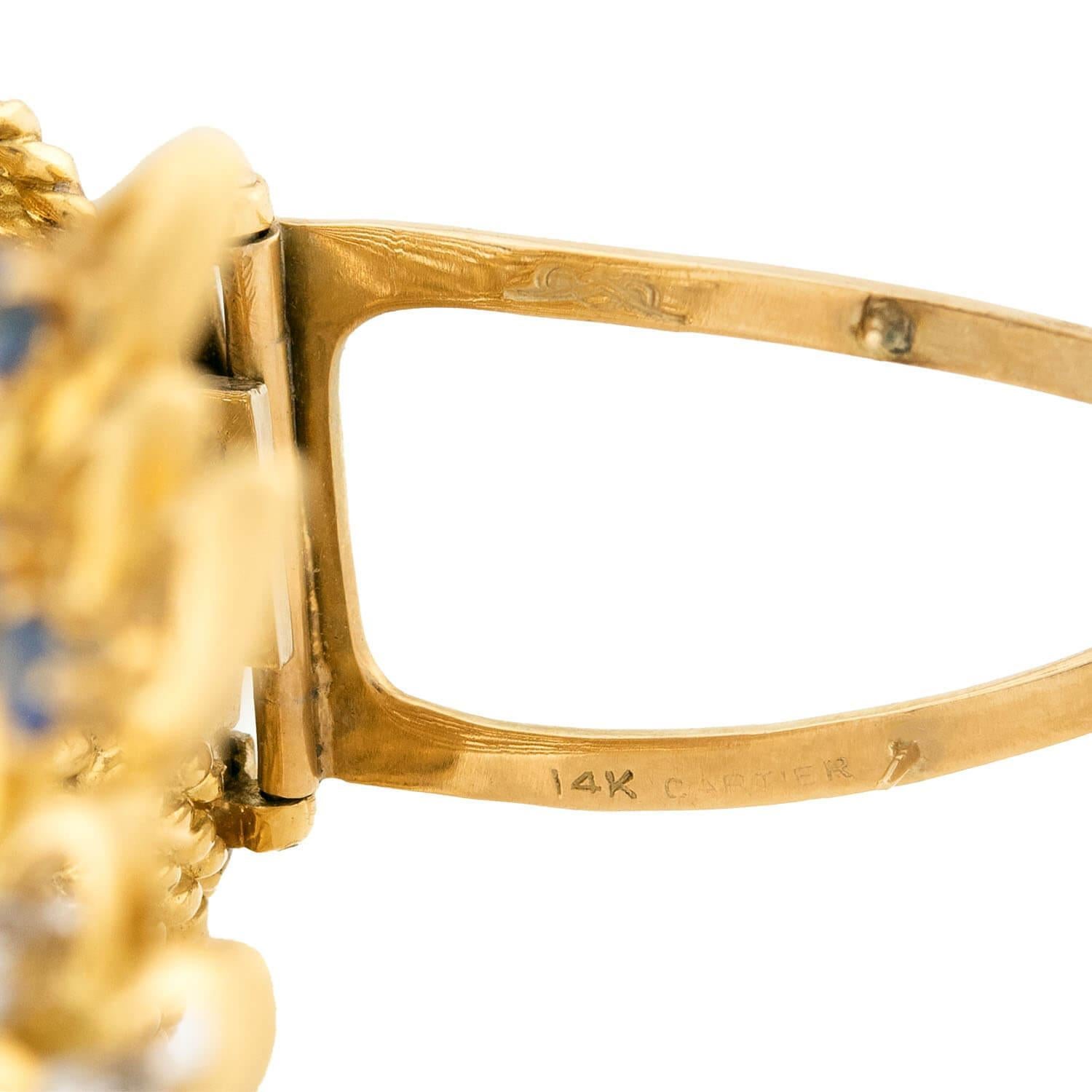 Brilliant Cut CARTIER Estate 14k Diamond and Sapphire Pin For Sale