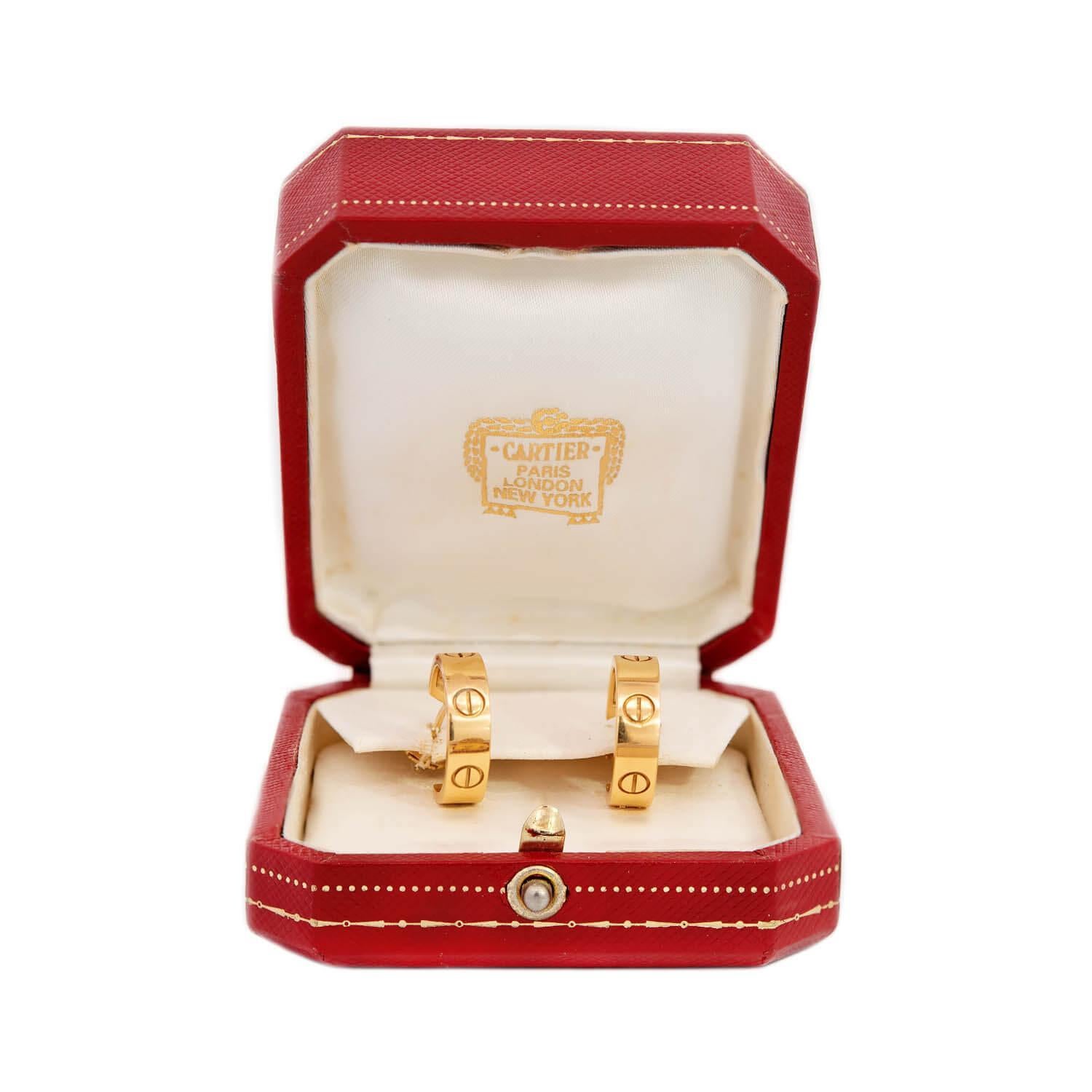 CARTIER Estate 18k Love Hoop Earrings In Good Condition In Narberth, PA