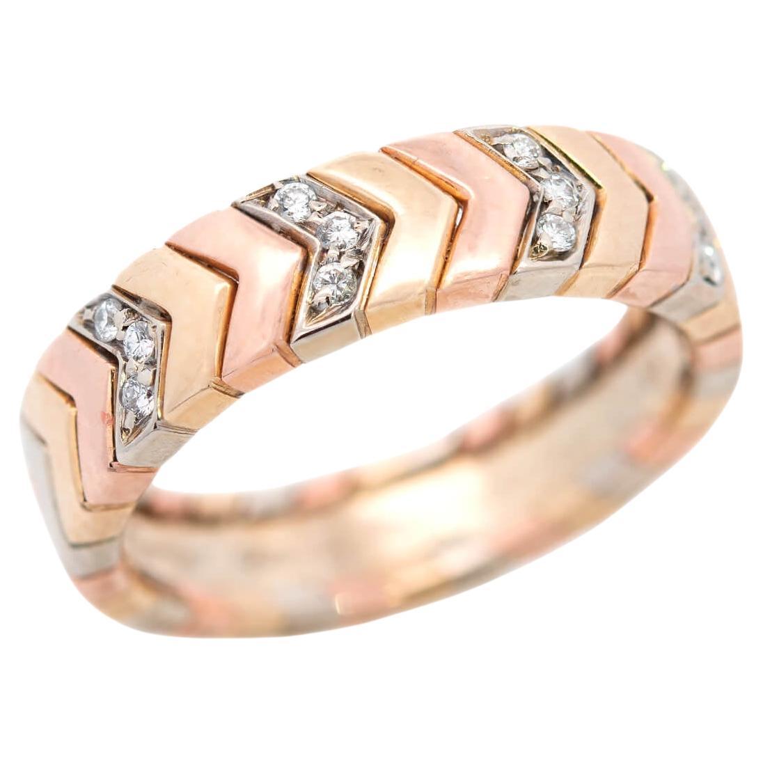 CARTIER Estate 18k Tri-Color Gold & Diamond Chevron Ring For Sale