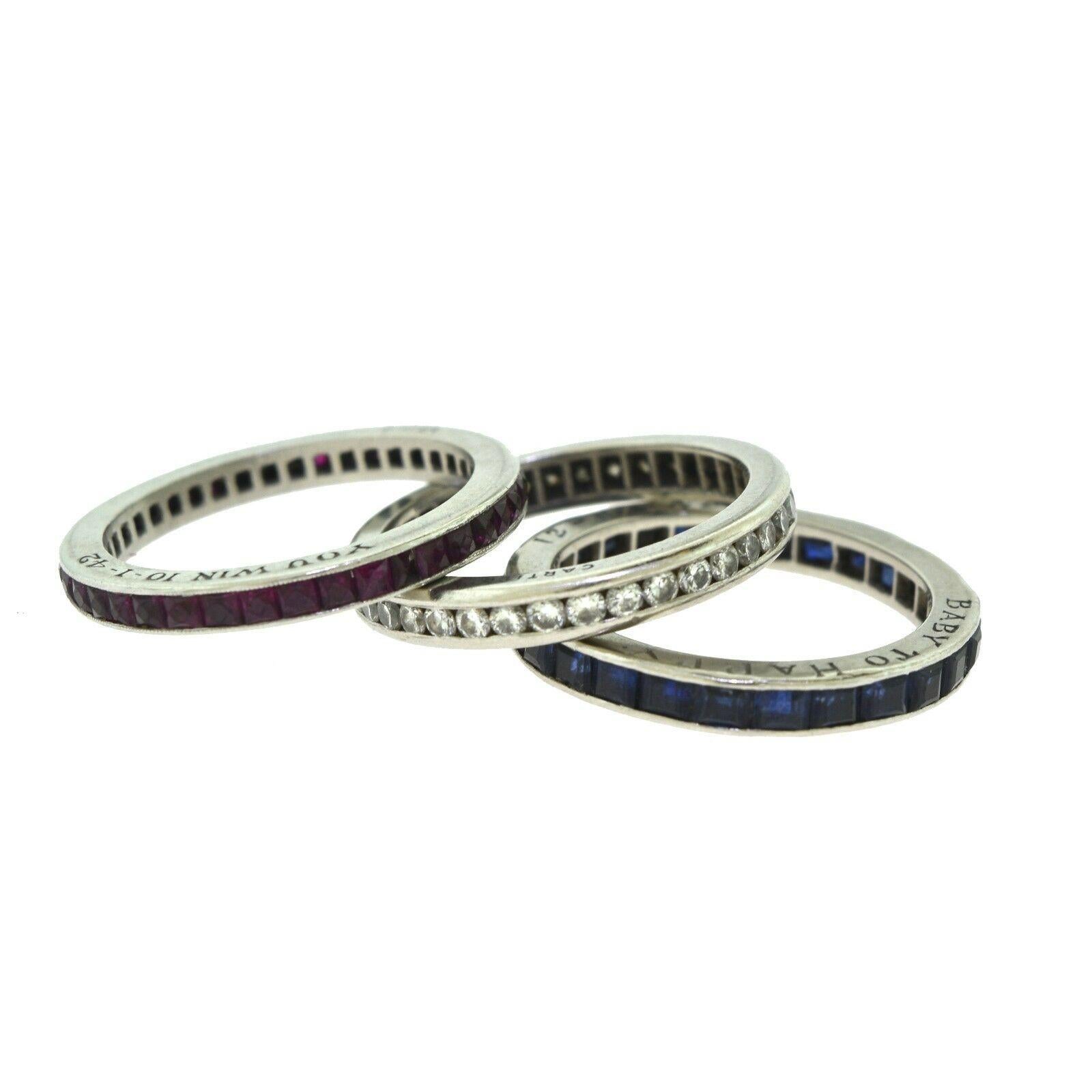 Women's or Men's Cartier Estate 1950 Ruby, Diamond, and Sapphire Set of Three Rings in Platinum