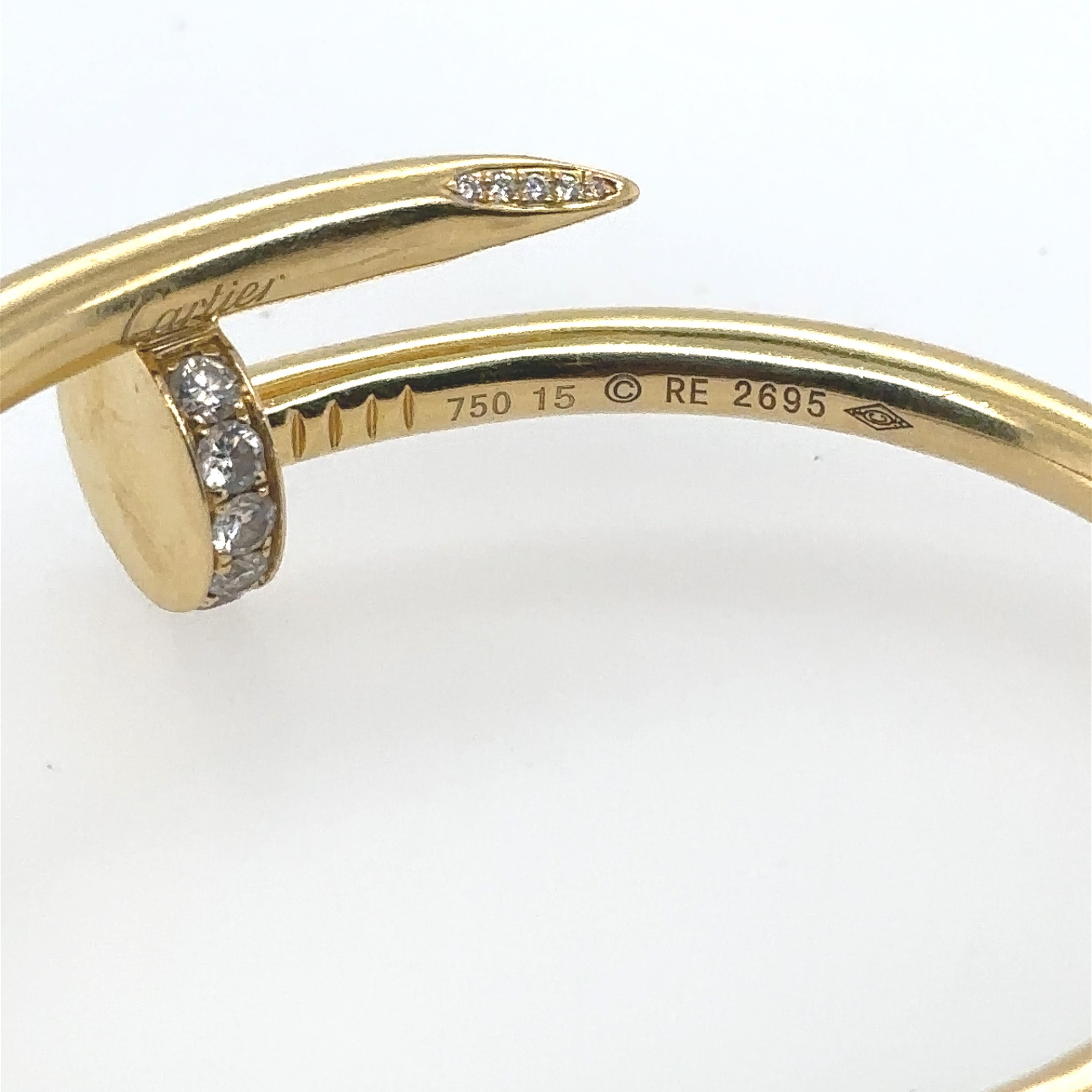 Women's or Men's Cartier Estate Juste Un Clou Diamond Nail 18 Karat Yellow Gold Bracelet For Sale
