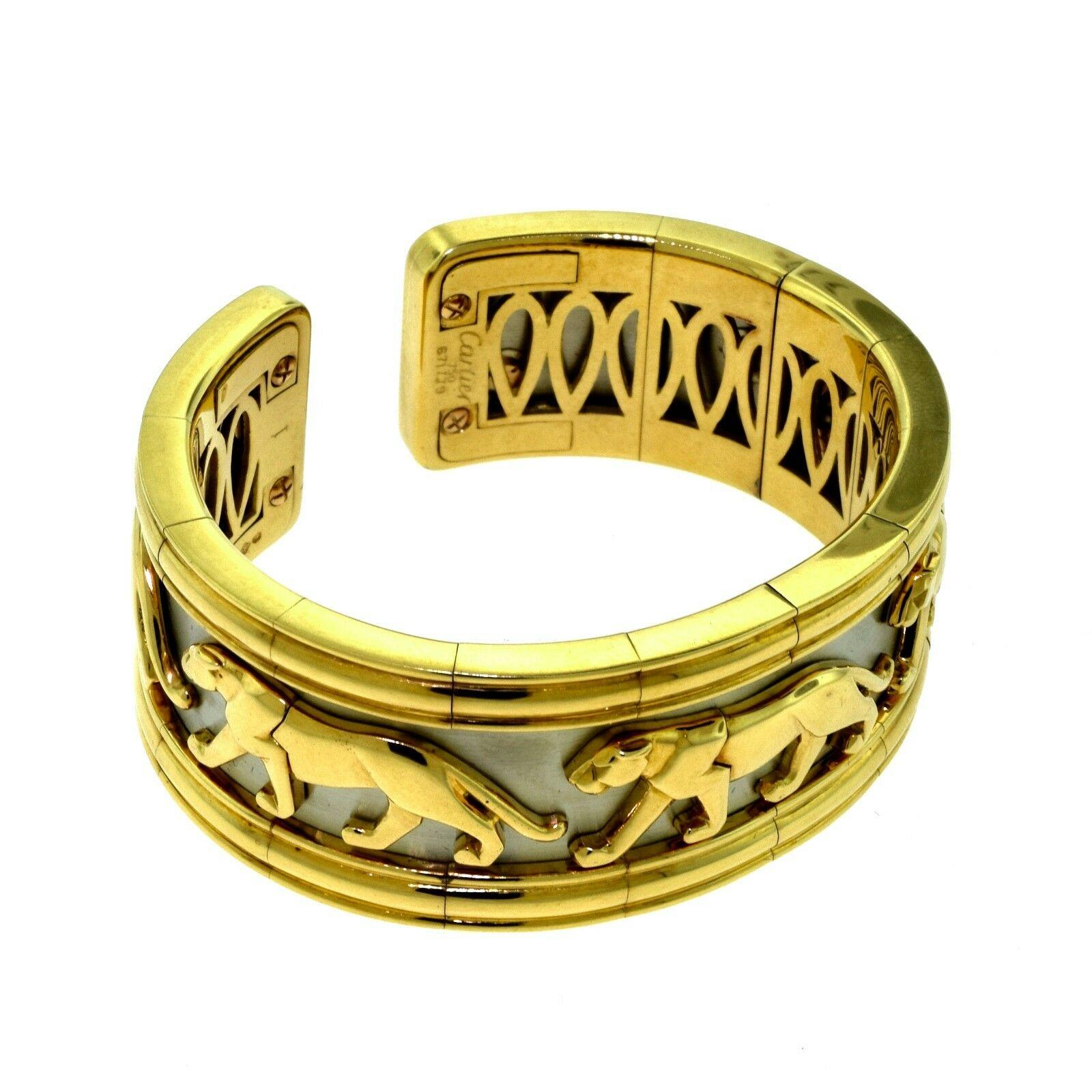 Cartier Estate Walking Panther Pharaon Yellow and White Gold Wide Cuff In Good Condition In Miami, FL