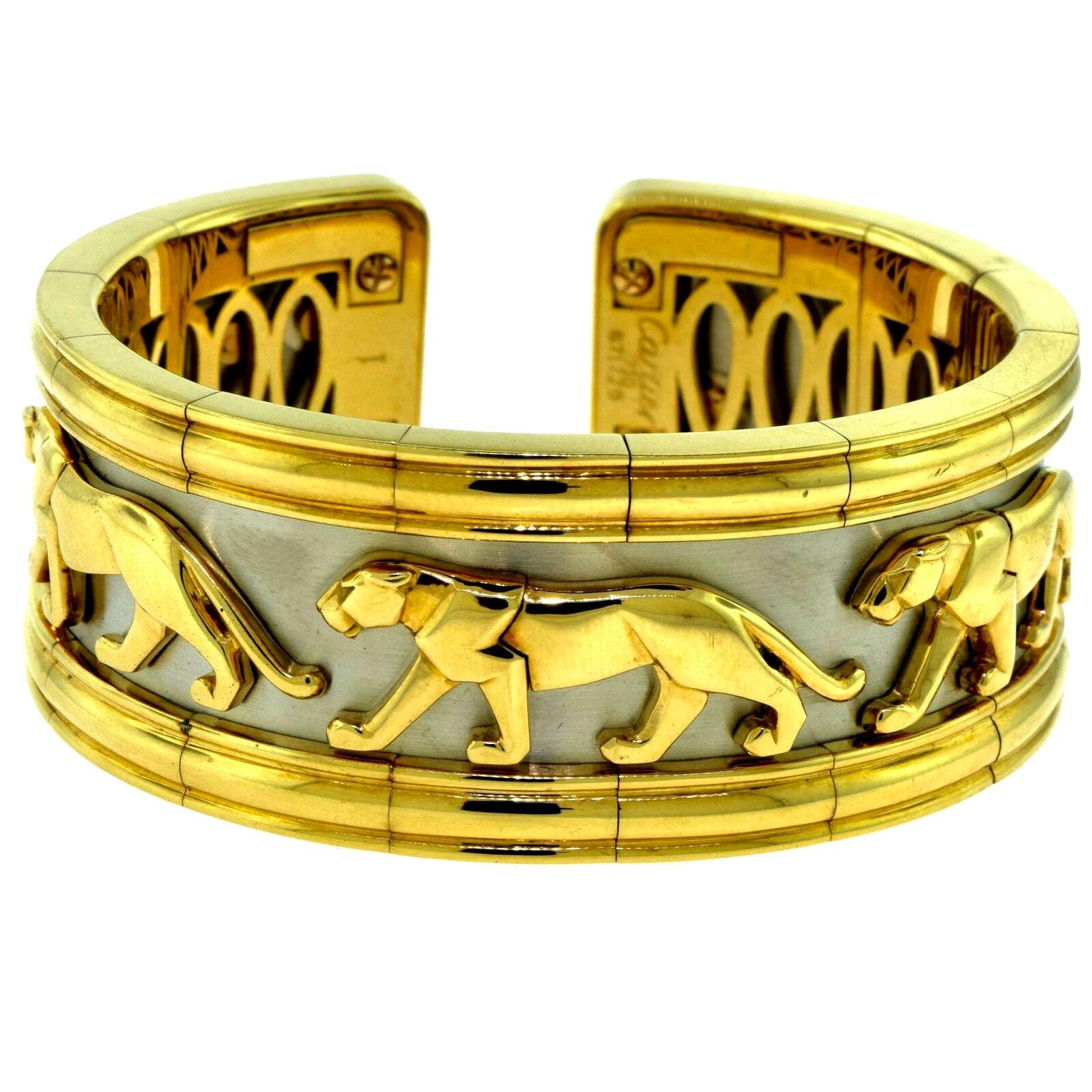 Cartier Estate Walking Panther Pharaon Yellow and White Gold Wide Cuff