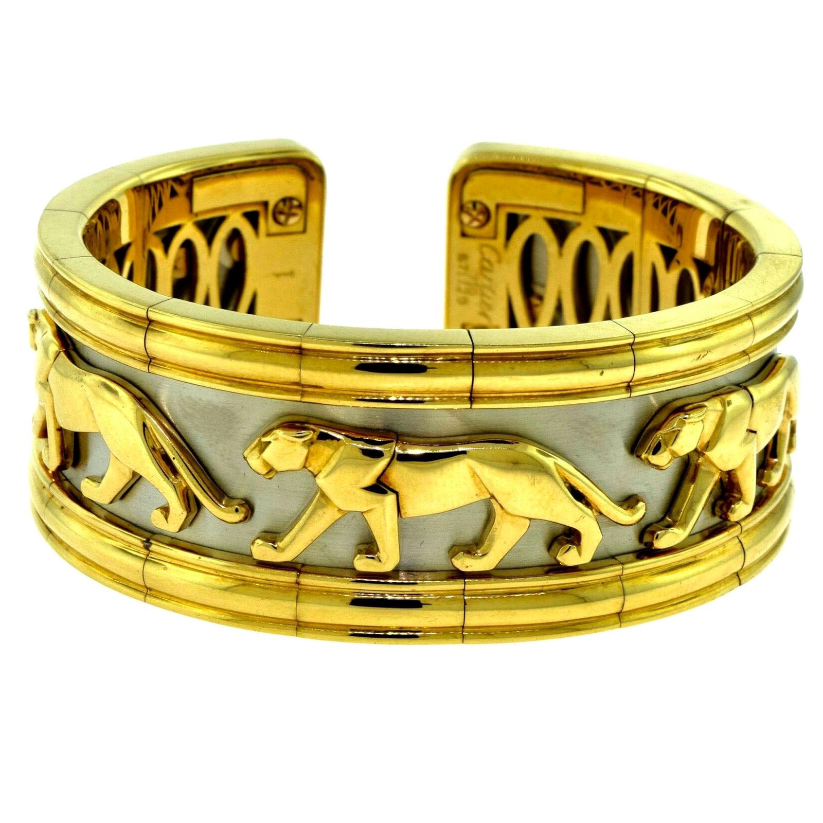 Cartier Estate Walking Panther Pharaon Yellow & White Gold Wide Bangle Bracelet