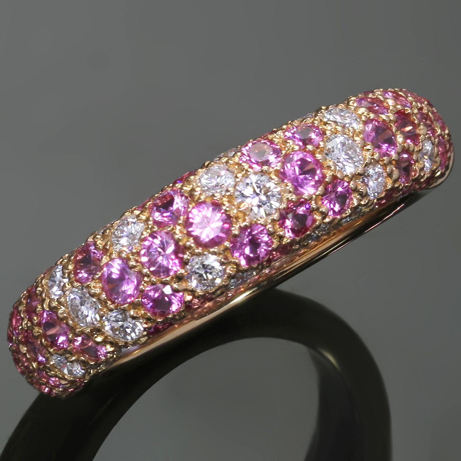 This stunning Cartier band from the elegant Etincelle de Cartier collection is crafted in 18k rose gold and set with brilliant-cut round diamonds and round faceted pink sapphires. Made in France circa 2000s. Measurements: 0.23