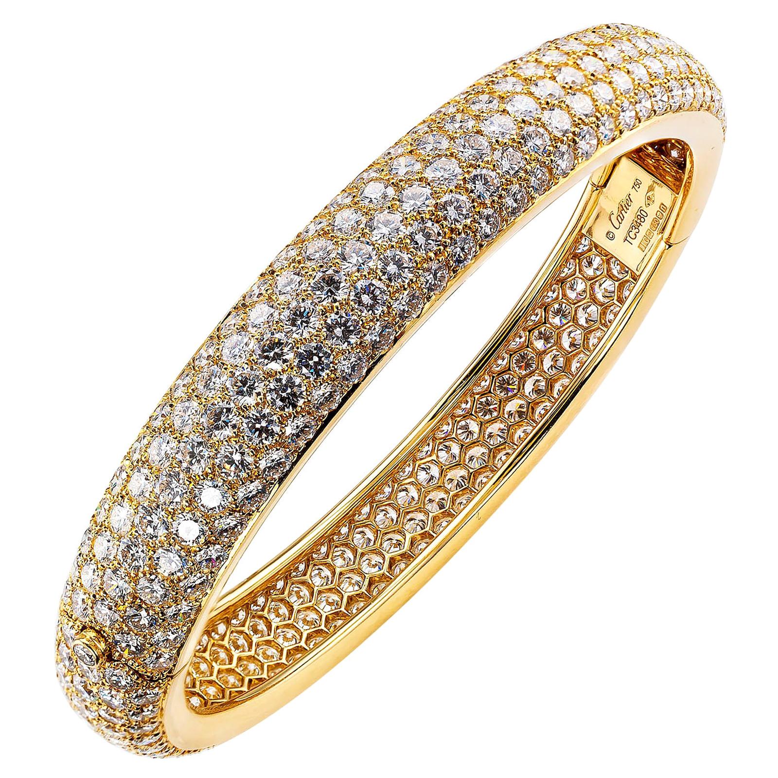 Cartier Etincelle Diamond Pave Yellow Gold Hinged Bangle Bracelet