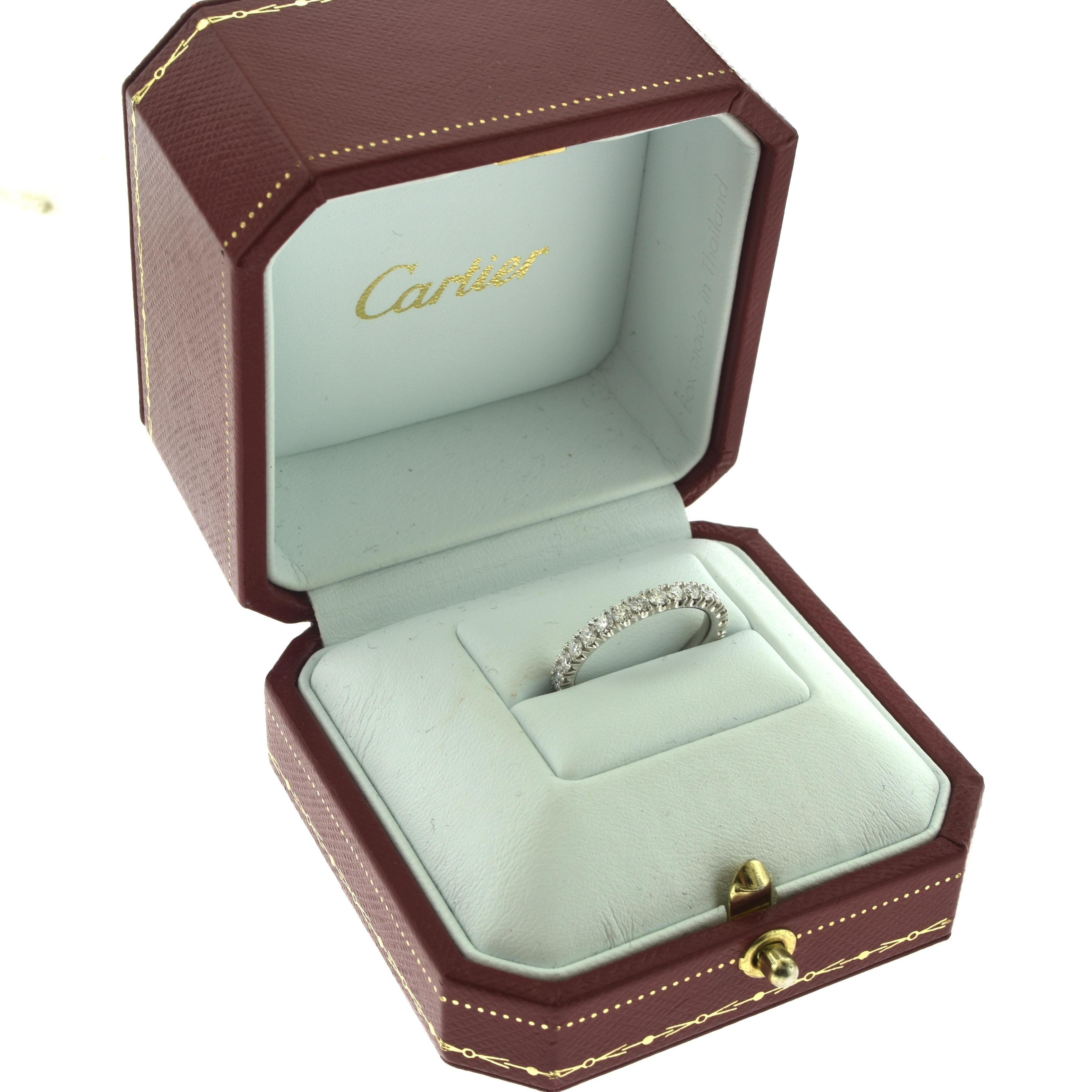 Designer: Cartier

Style: Wedding Band

Collection: Etincelle de Cartier 

Metal: Platinum 

Metal Purity: 950

Stones: 29 Round Brilliant Cut Diamonds

Total Carat Weight : 0.93ct

Total Item Weight (grams): 3.3g

Size: 51

Hallmark:  Cartier 950
