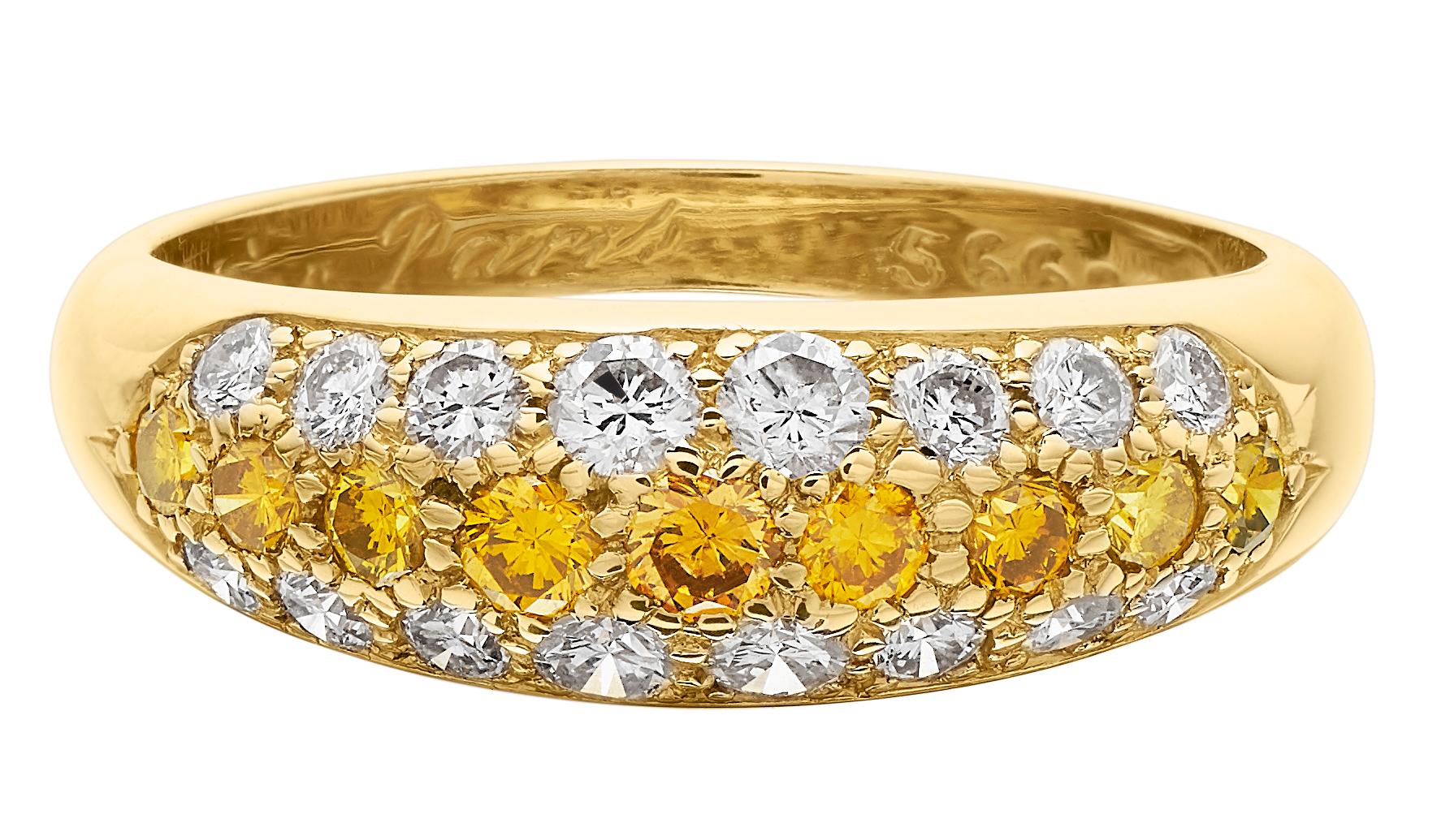 This delicate collection exudes elegance and refined simplicity. Clean lines of paved diamonds create a look of timeless radiance - a pure, feminine style.
9 x Round brilliant cut yellow diamonds, approximate total weight 0.35 carats, Assessed