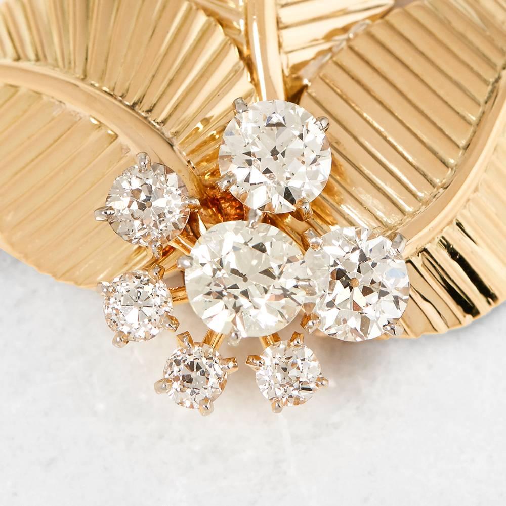Round Cut Cartier European Cut Diamond Set 18ct Yellow Gold Vintage Leaf Design Brooch For Sale