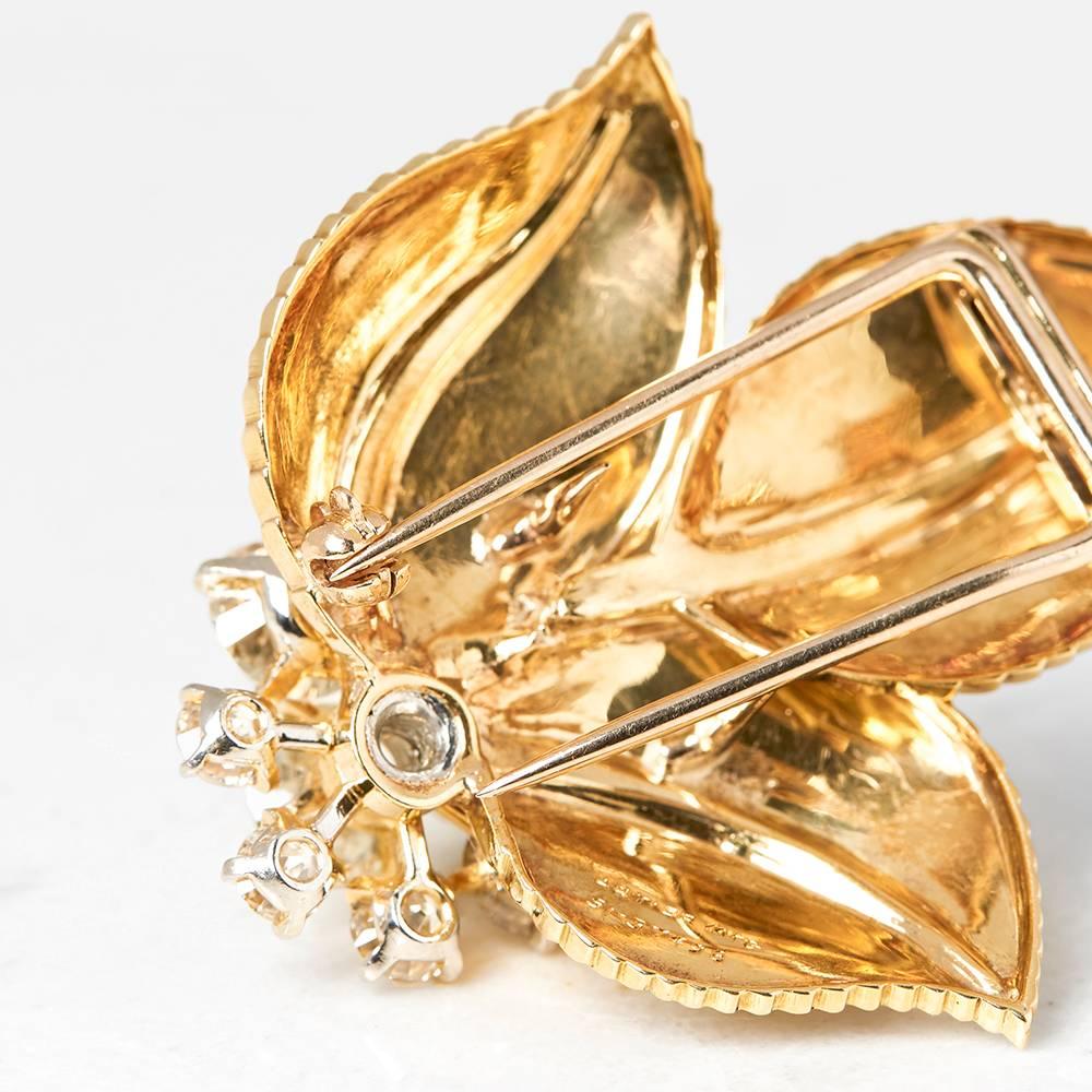 Cartier European Cut Diamond Set 18ct Yellow Gold Vintage Leaf Design Brooch In Good Condition For Sale In Bishop's Stortford, Hertfordshire