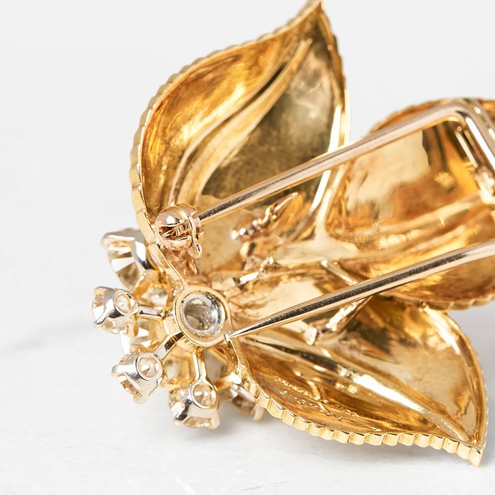 Women's Cartier European Cut Diamond Set 18ct Yellow Gold Vintage Leaf Design Brooch For Sale