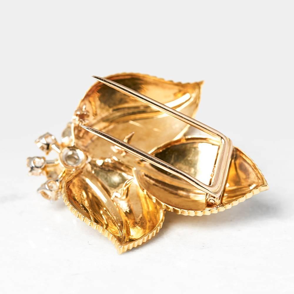 Cartier European Cut Diamond Set 18ct Yellow Gold Vintage Leaf Design Brooch For Sale 1