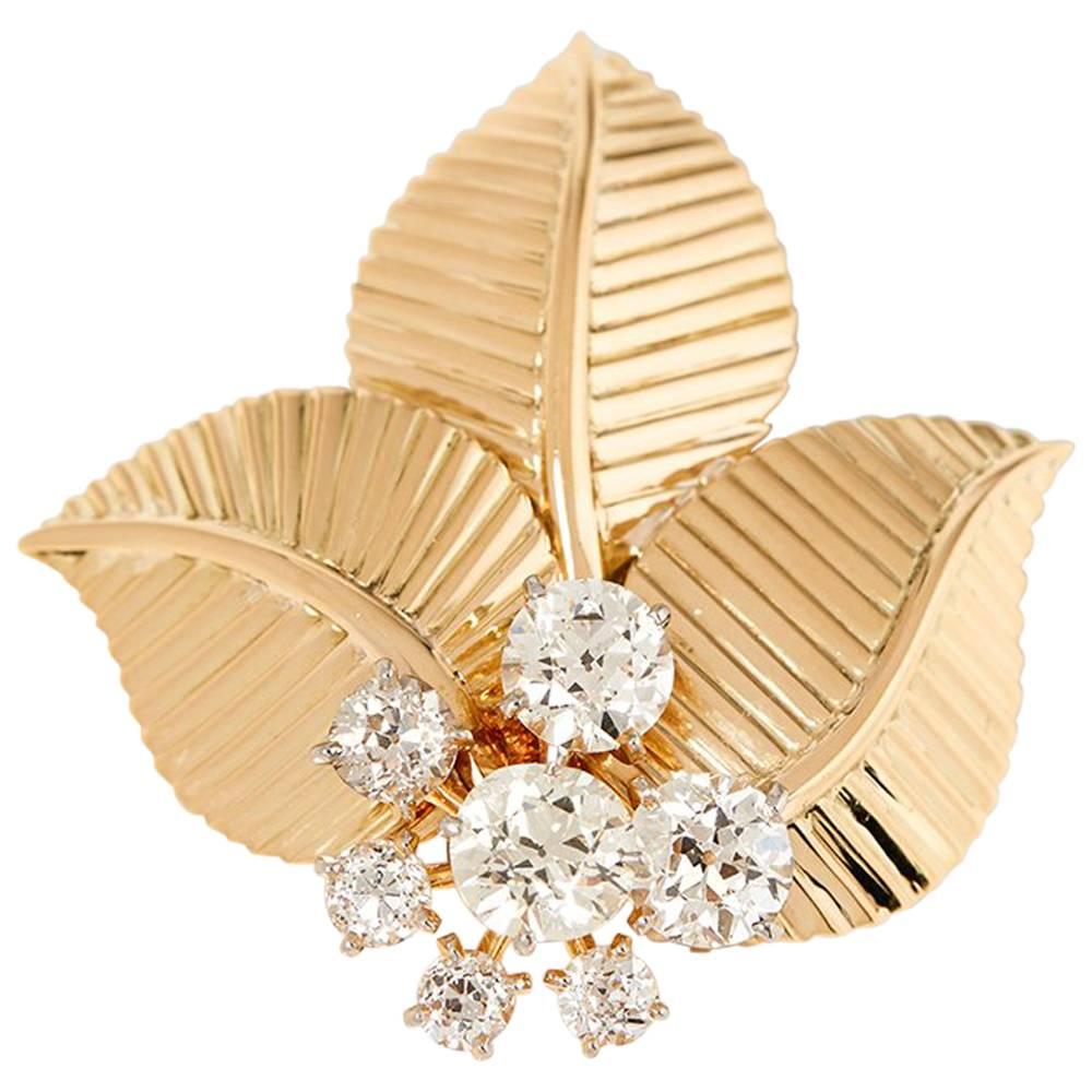 Cartier European Cut Diamond Set 18ct Yellow Gold Vintage Leaf Design Brooch For Sale