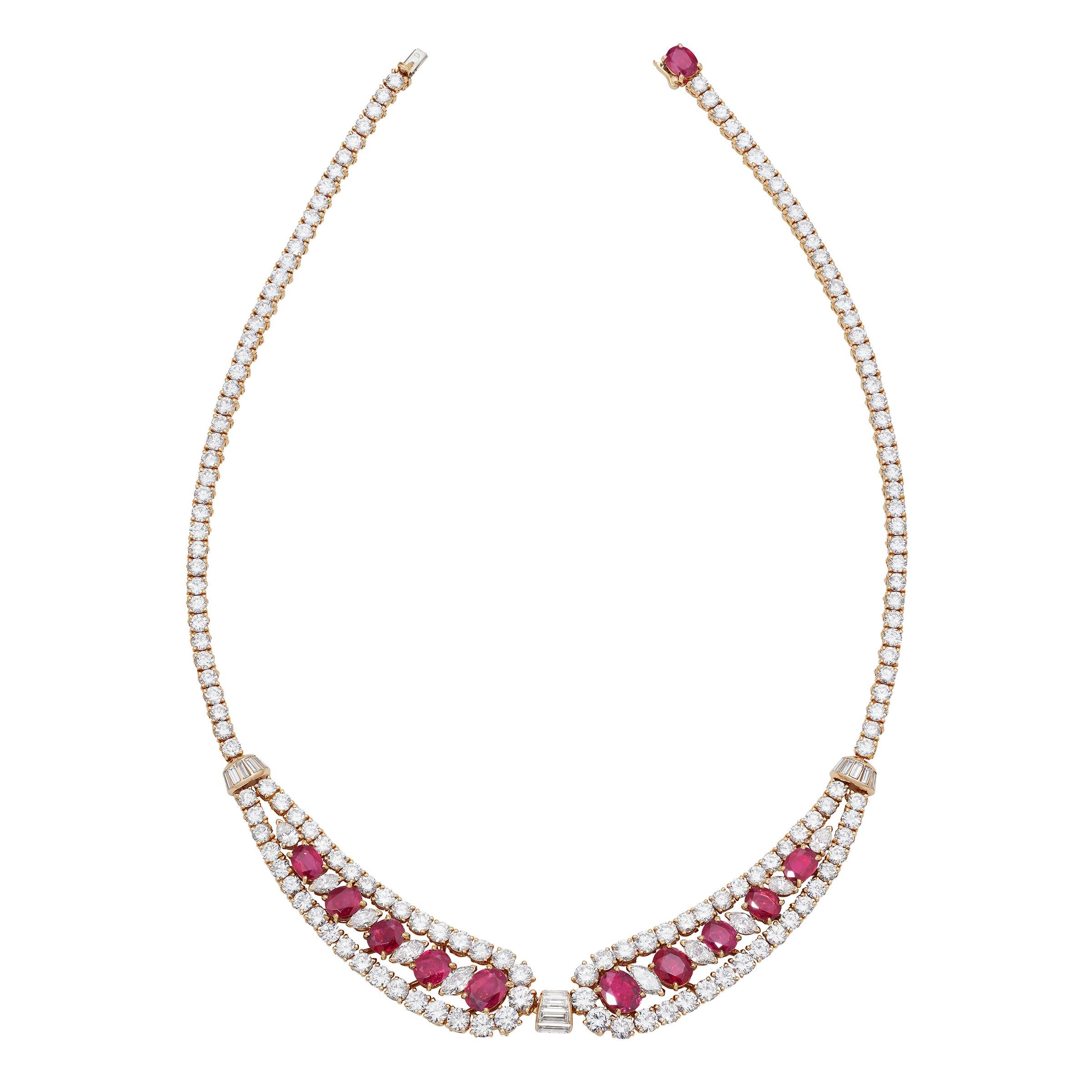 Magnificent Cartier ruby and diamond necklace features 22 carats of dazzling diamonds and over 10 carats of vivid red rubies all set in 18 karat yellow gold. This vintage creation from Cartier Paris dates to early 1980s and exemplifies high-jewelry