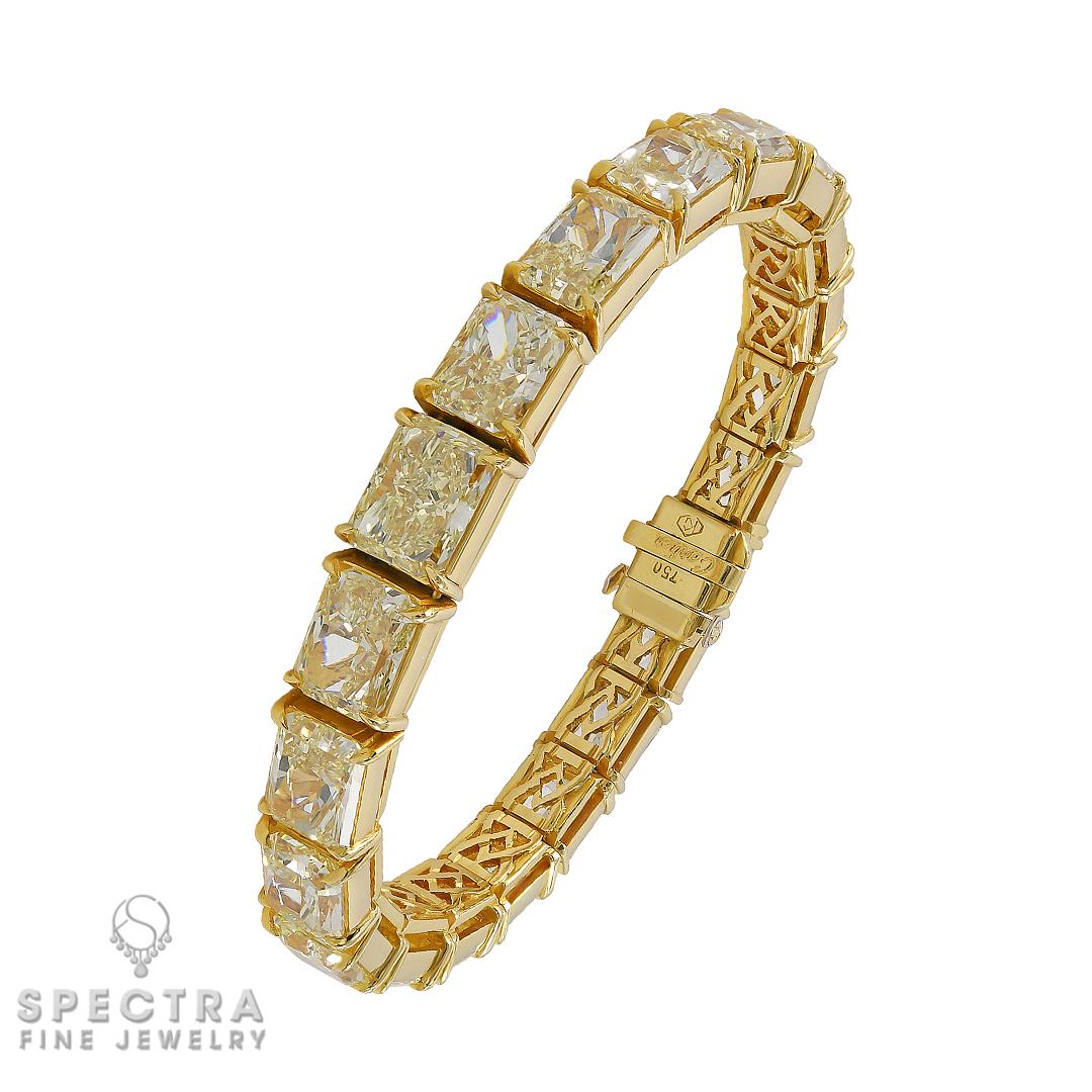 An important bracelet comprising of 21 graduated fancy light yellow diamonds, weighing a total of approximately 33.8 carats. 
Made by Cartier.
Three diamonds are GIA certified:
1) 2.84 carats, radiant, Fancy Light Yellow, natural color, SI2