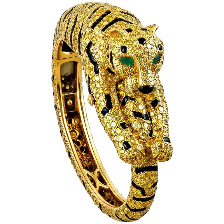 Cartier Diamond and Enamel Yellow Gold Bangle Tiger Bracelet For Sale at  1stDibs | cartier armband tiger, cartier bracelet tiger, cartier tiger