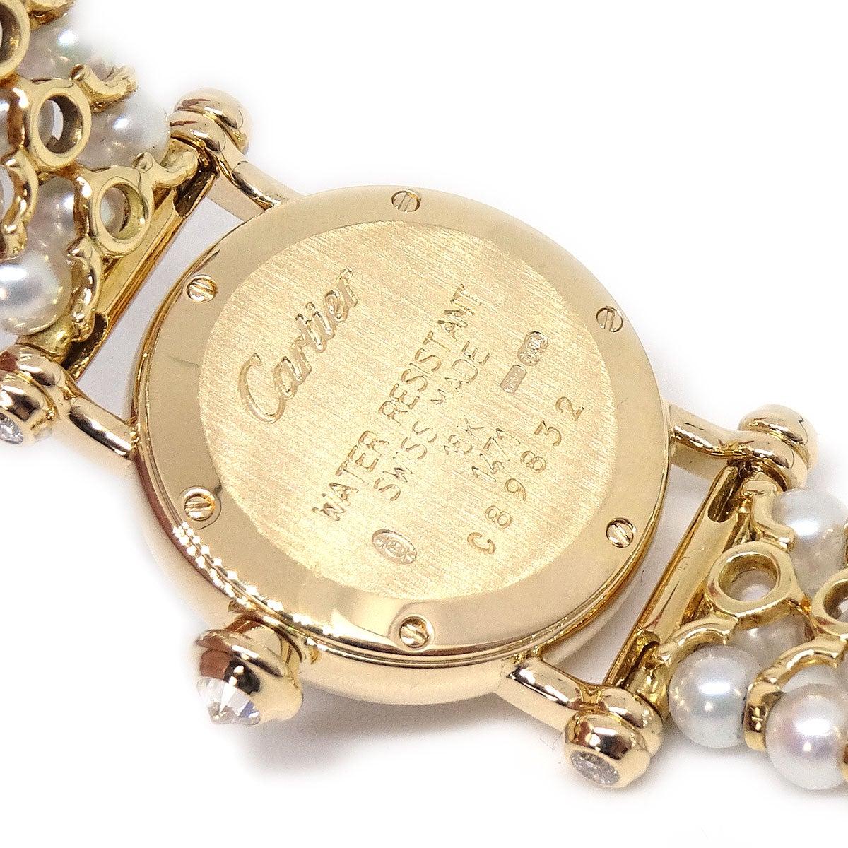 CARTIER Faux Pearl 18K Yellow Gold Diamond Quartz Mini Diabolo Wrist Watch In Good Condition For Sale In Chicago, IL