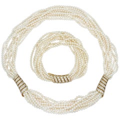 Vintage Cartier Fine Cultured Pearl and Diamond Necklace and Bracelet Set