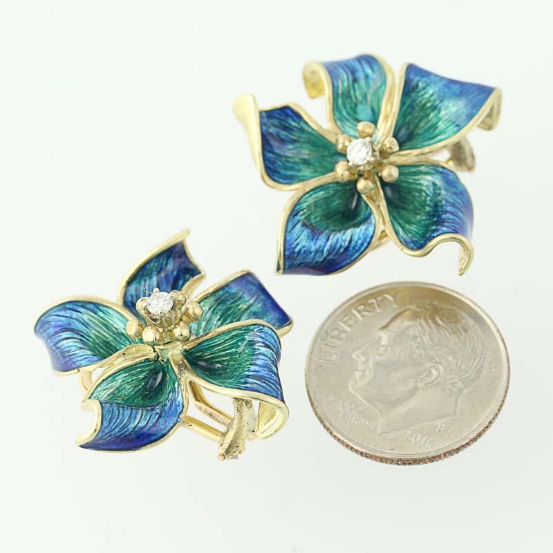 Cartier Flower Blossom Earrings, 18K Gold Diamonds Enamel Clip-On Backs .10Ctw 2