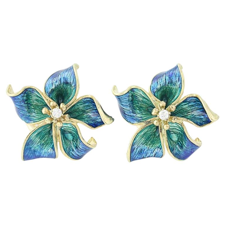 Cartier Flower Blossom Earrings, 18K Gold Diamonds Enamel Clip-On Backs .10Ctw