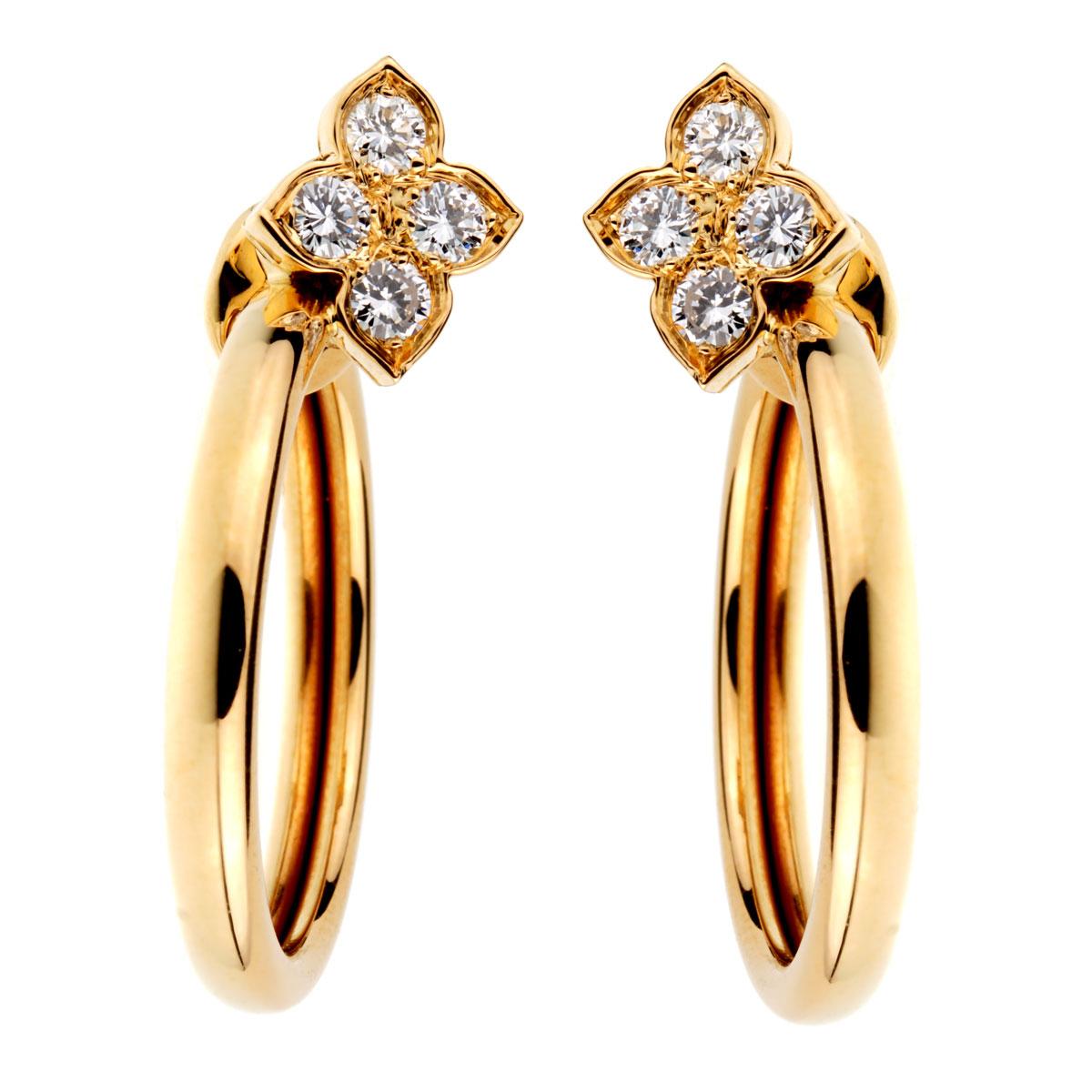 Cartier Flower Hoop Diamond Yellow Gold Earrings In Excellent Condition In Feasterville, PA
