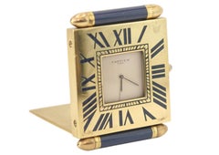 Reloj despertador plegable Cartier Reloj de sobremesa con movimiento de cuarzo Metal dorado Esmalte azul