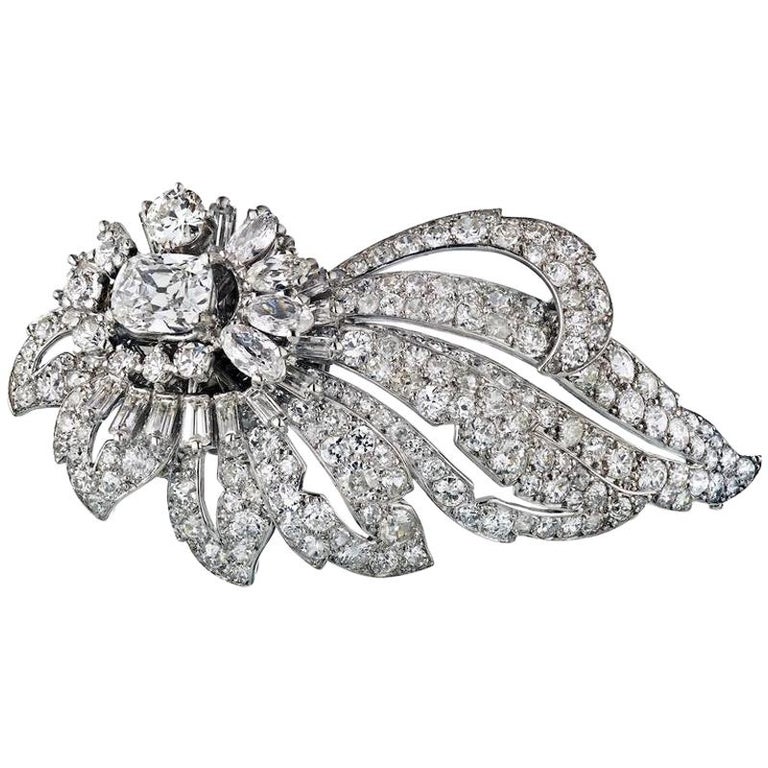 Cartier Foliate Diamond Platinum Vintage Brooch For Sale at