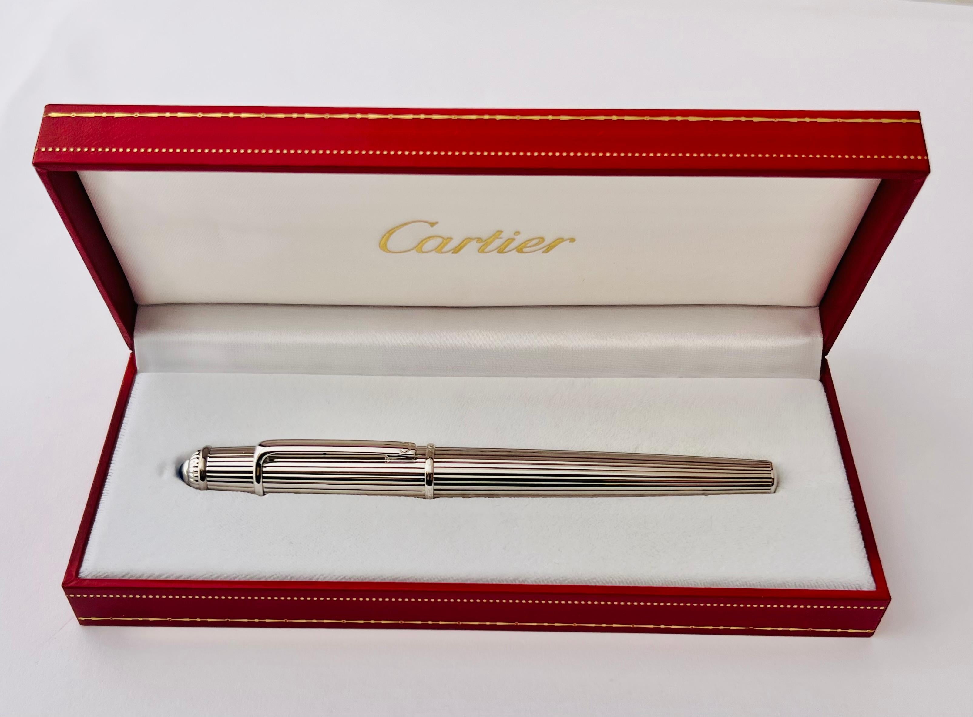 Cartier Fountain Pen Diabolo Platinum Finish Godron w/ Case & Papers 10