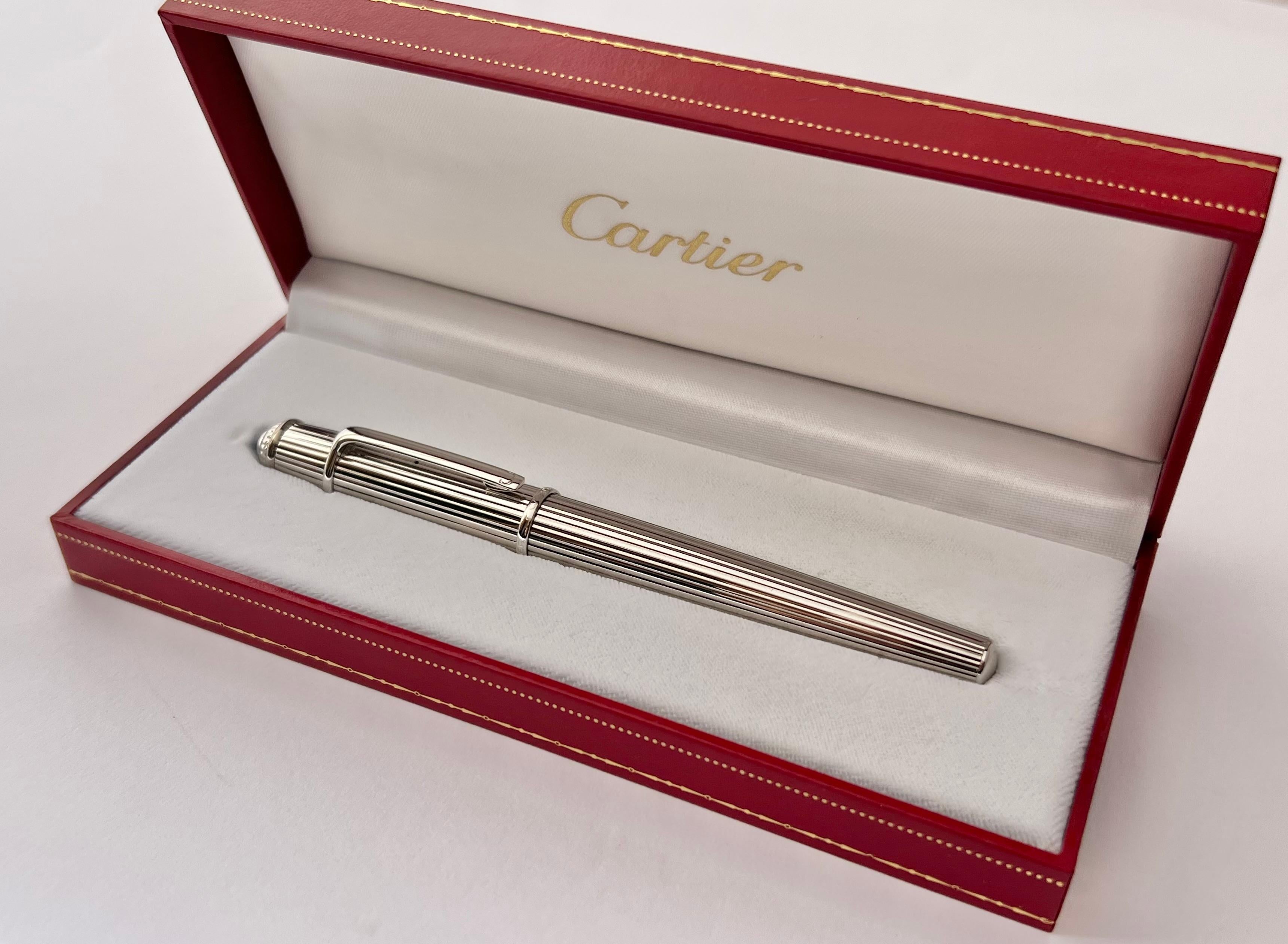Cartier Fountain Pen Diabolo Platinum Finish Godron w/ Case & Papers 11
