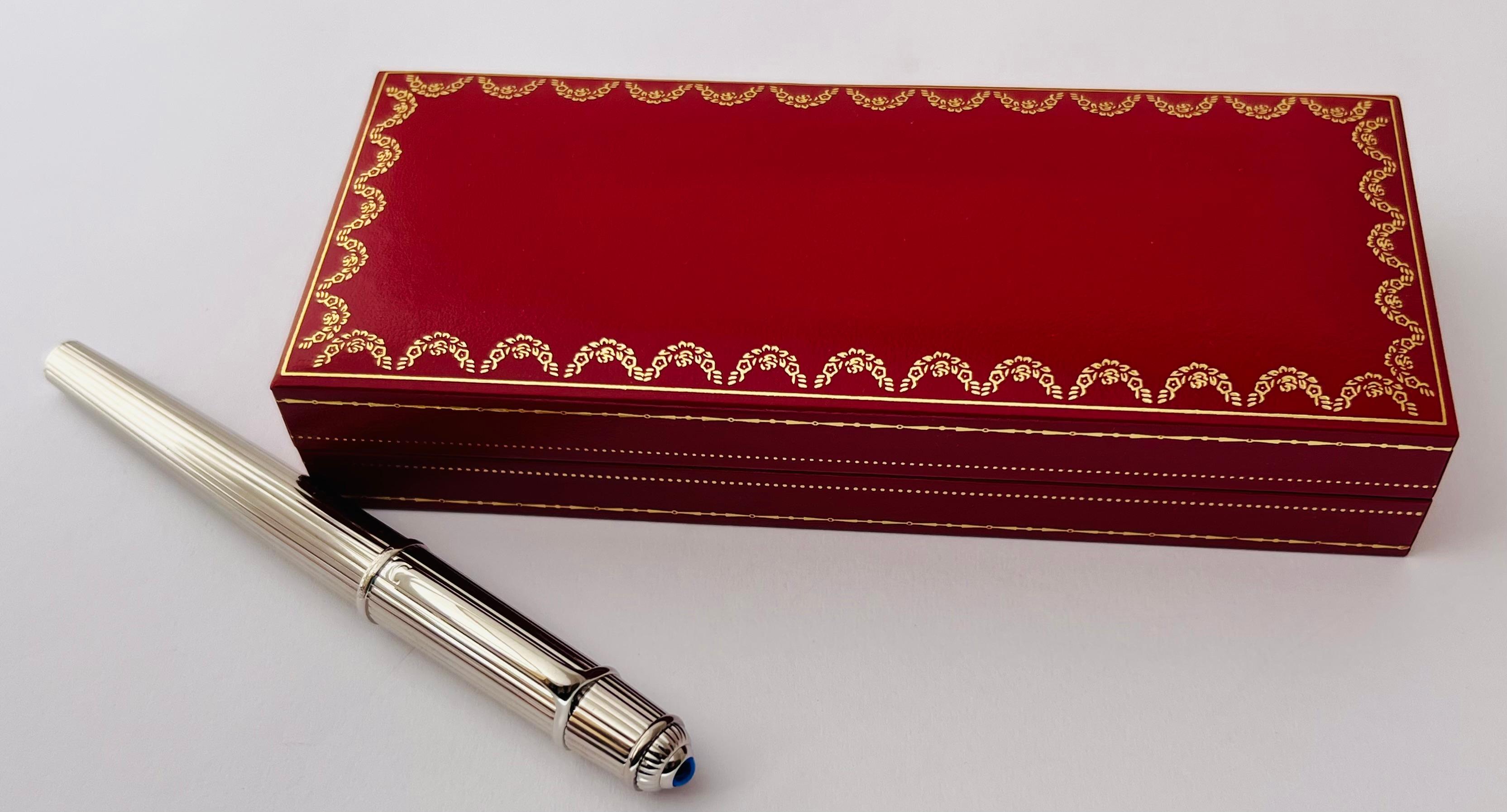 Cartier Fountain Pen Diabolo Platinum Finish Godron w/ Case & Papers 12