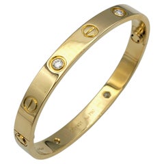 Cartier Four Diamond LOVE Bangle Bracelet 18 Karat Yellow Gold with Box, Size 15