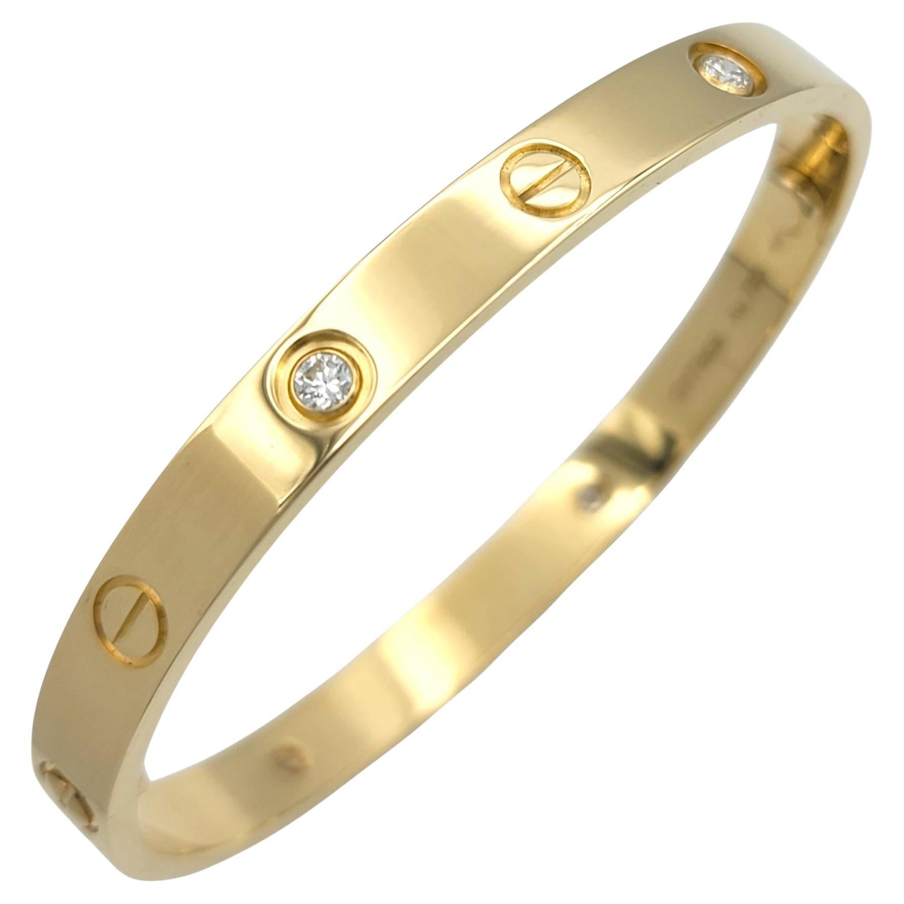 Cartier Four Diamond Love Bangle Bracelet 18 Karat Yellow Gold with Box, Size 17