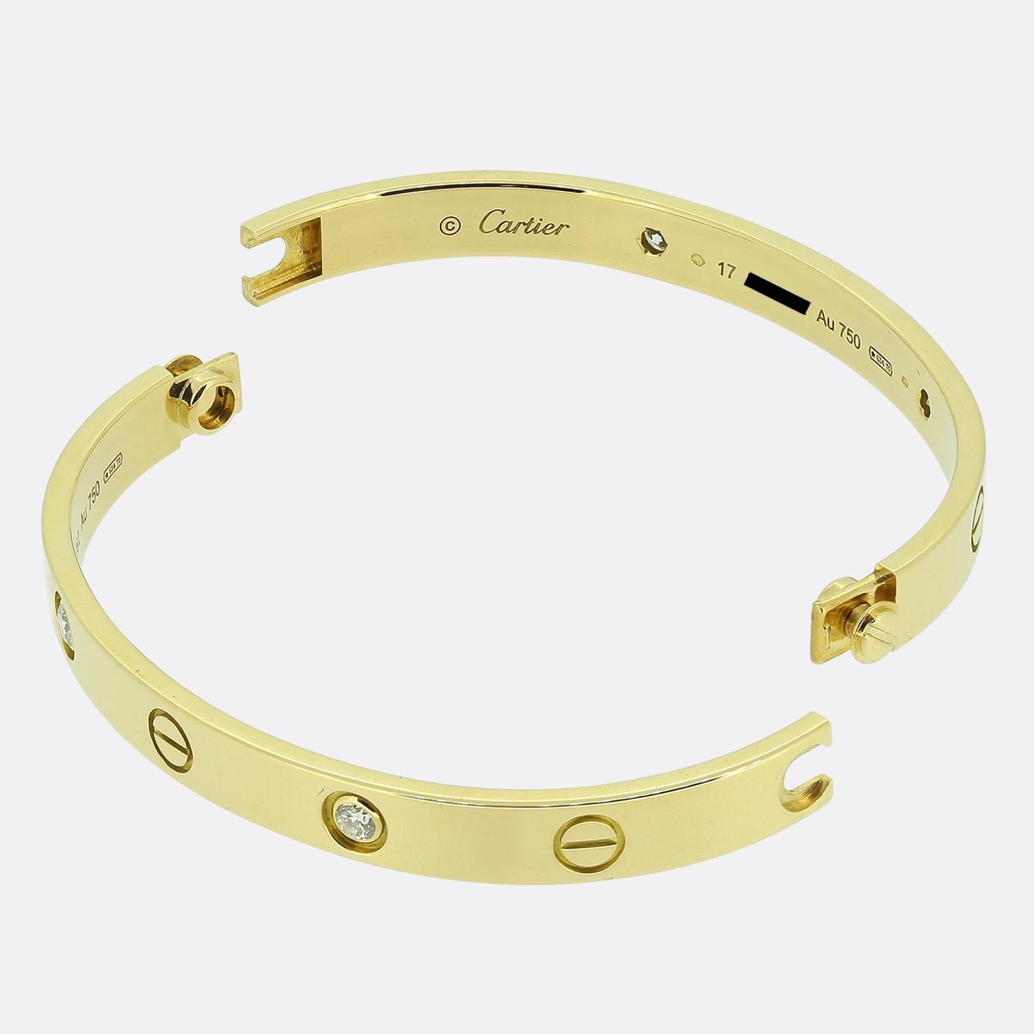 Brilliant Cut Cartier Four Diamond LOVE Bangle Size 17