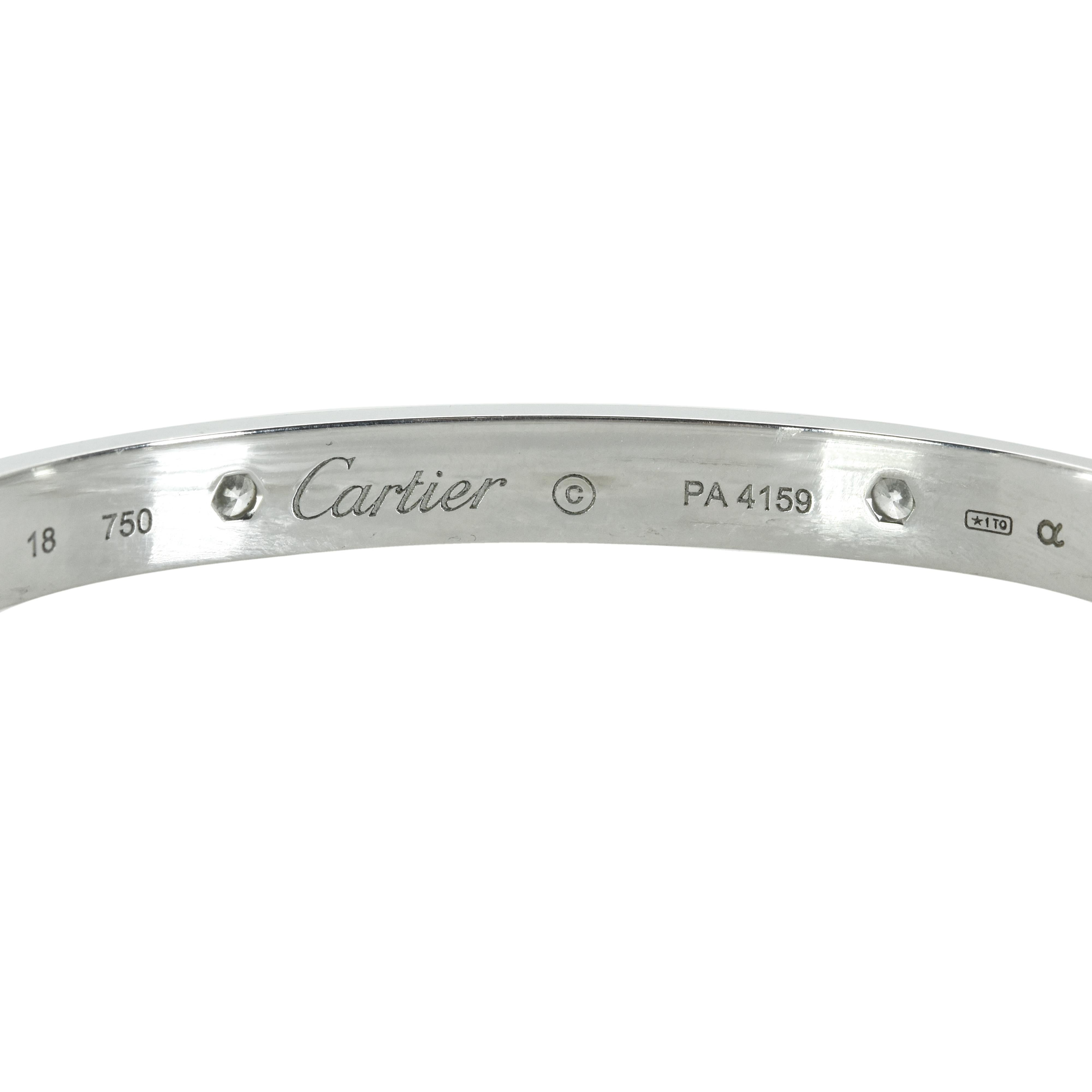 From Cartier's iconic Love Collection, this bracelet is the four diamond love bracelet in 18k white gold. The four diamonds total 0.42 carats and the bracelet is in a size 18, and comes with a screwdriver.