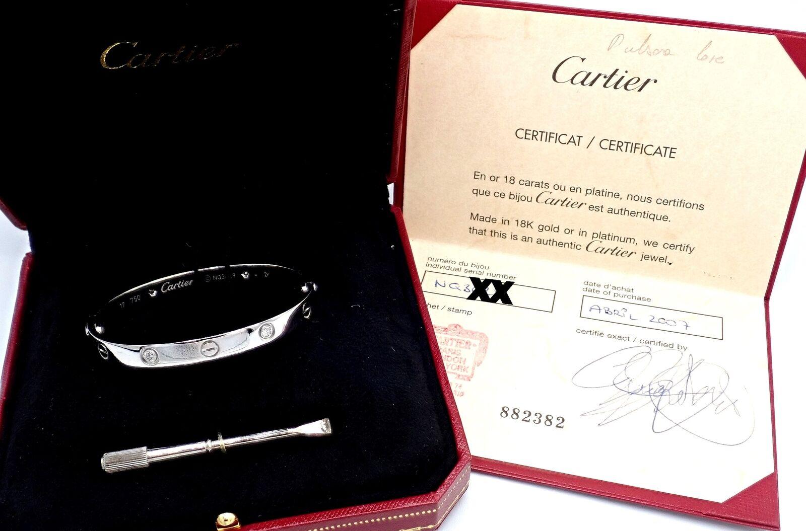18k White Gold Cartier LOVE Bangle Bracelet, size 17.
With 4 round brilliant cut diamonds VS1 clarity, G color total weight .42ct
This bracelet comes with Cartier certificate of authenticity, Cartier box and a screwdriver.
This bracelet has an old