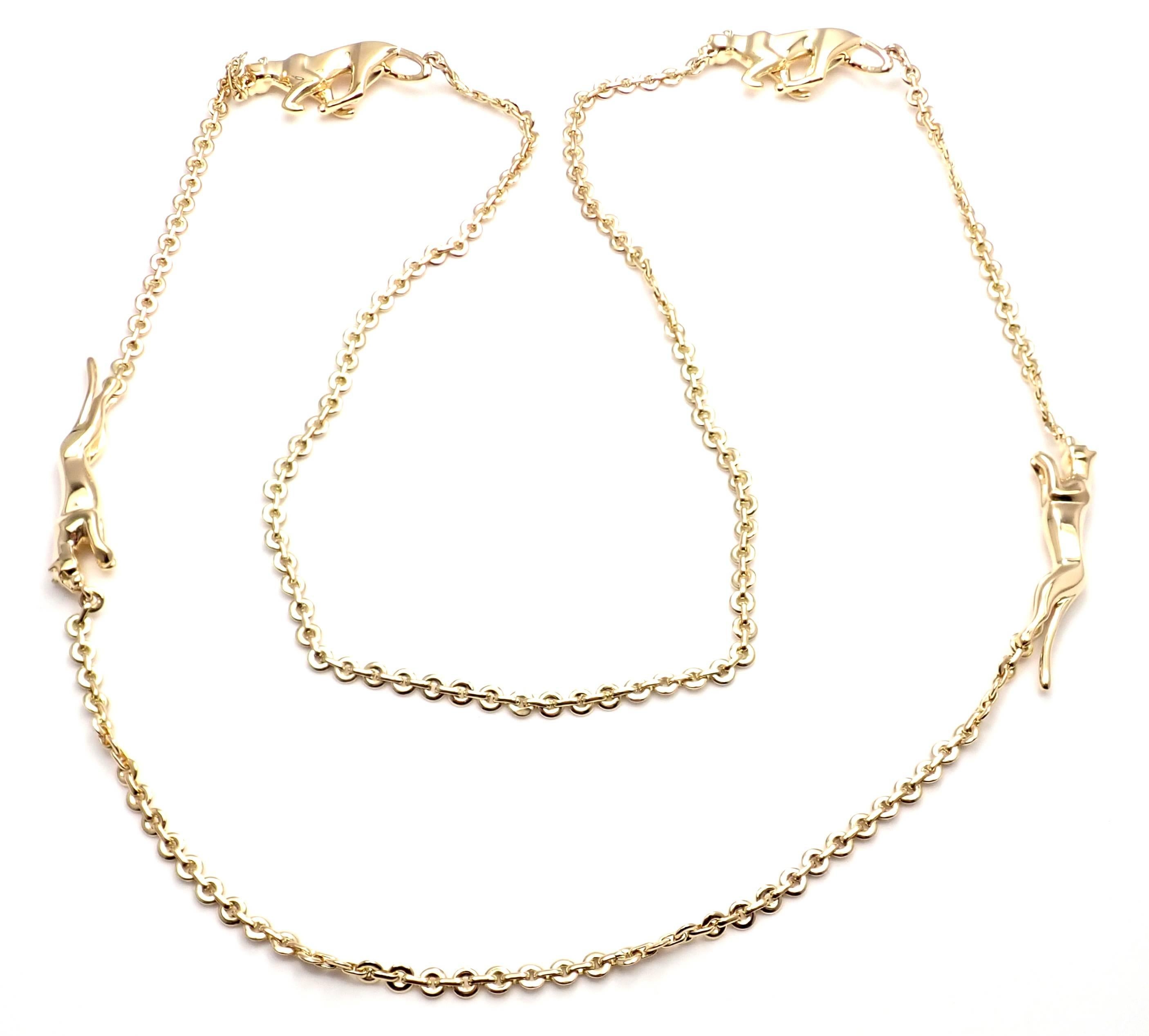 18k Yellow Gold 4 Panther Panthere Link Chain Necklace by Cartier. 
With 4 Panthers: 47mm x 9mm and 37mm x 15mm
This necklace comes with original Cartier box and Cartier certificate from 1989.
Details:
Length 34