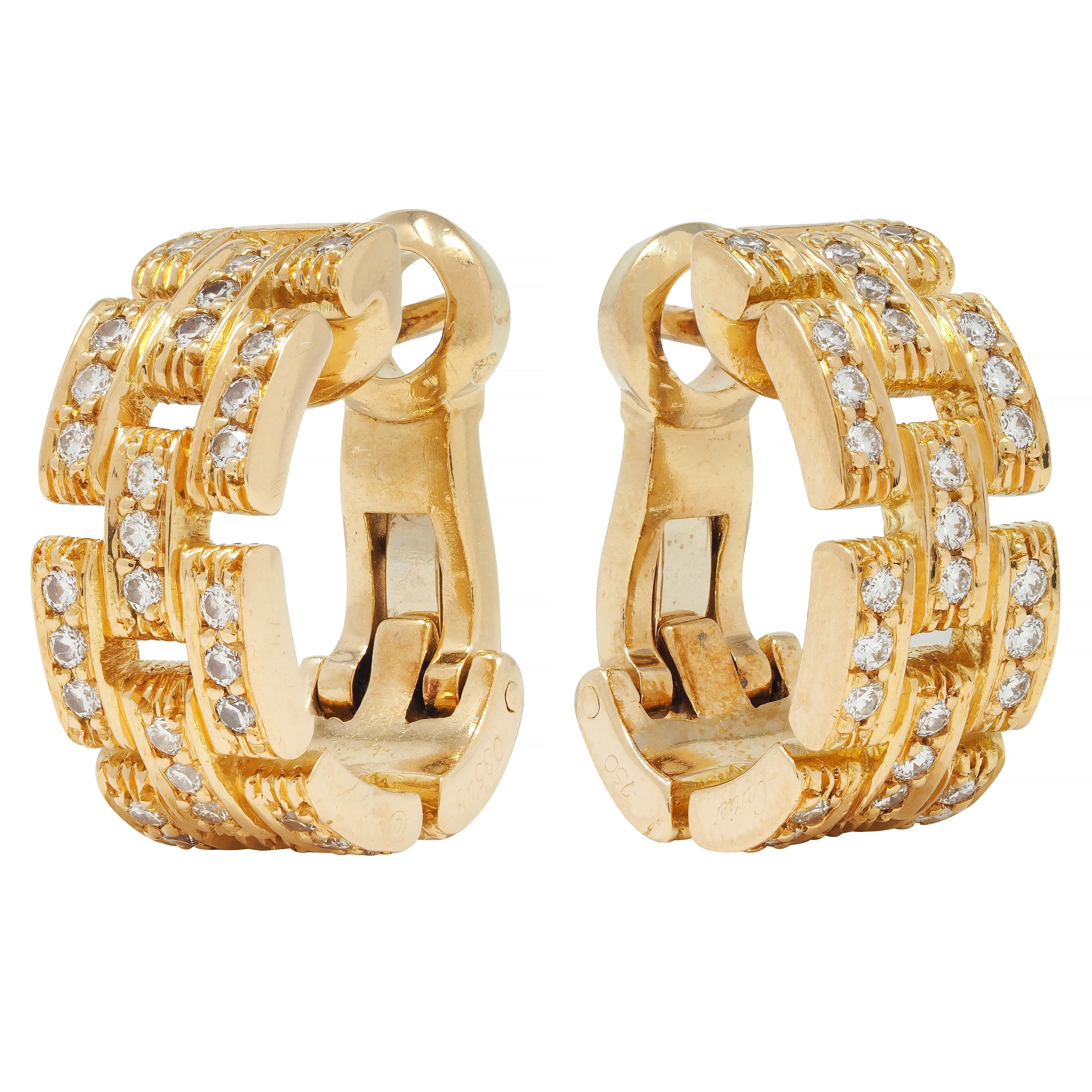 Women's or Men's Cartier France 1.80 CTW Diamond 18 Karat Gold Maillon Panthere J Hoop Earrings
