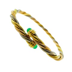 Cartier France 18k Tri Color Gold and Cabochon Emerald Twisted Rope Cuff Bangle